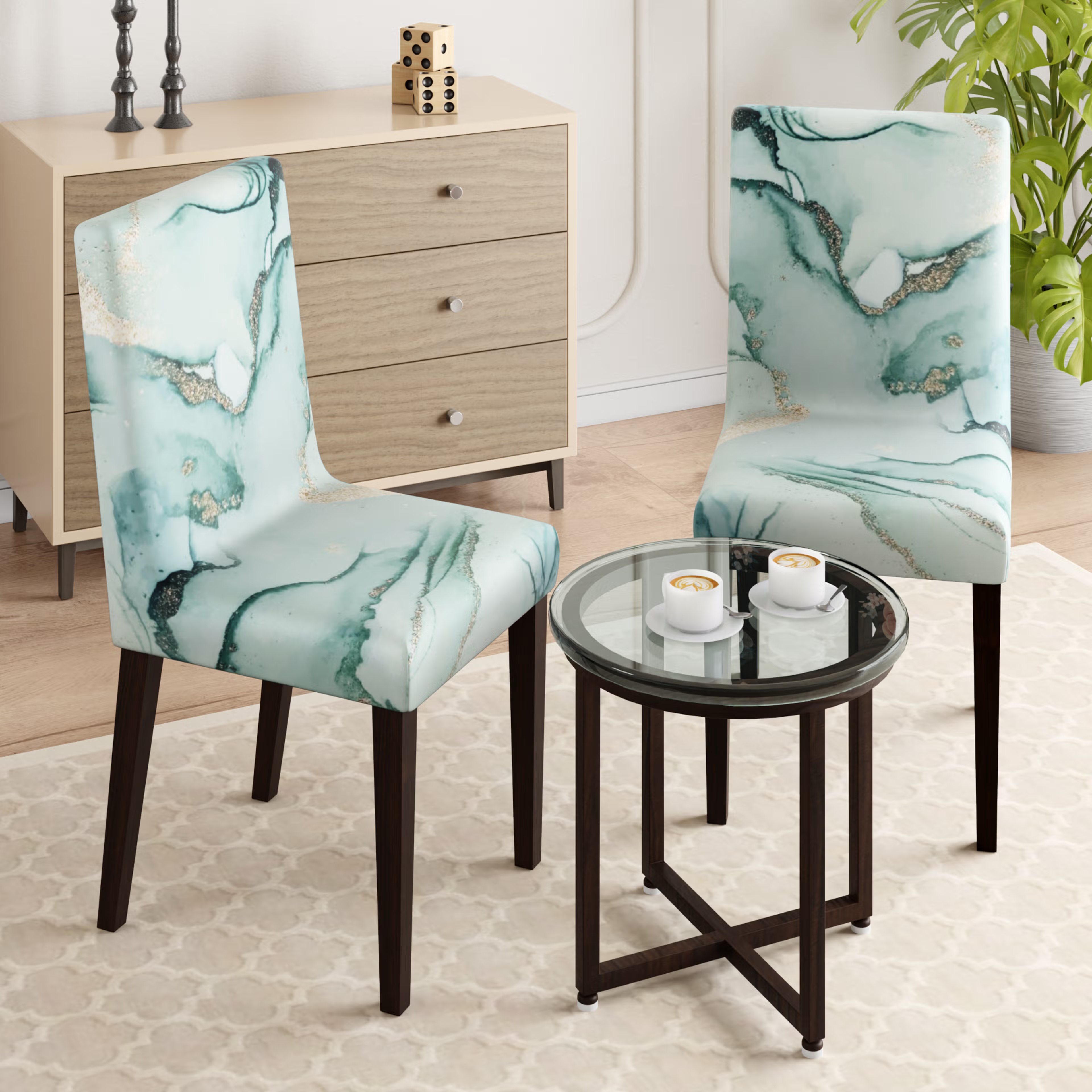 Printed Chair Cover | Elastic Stretchable Dining table Chair Cover 2 seater | Removable & Washable Slip Cover | Chair Seat Protector&nbsp;|&nbsp;Marbelo | Set of 2 Set Of 2, Marbelo