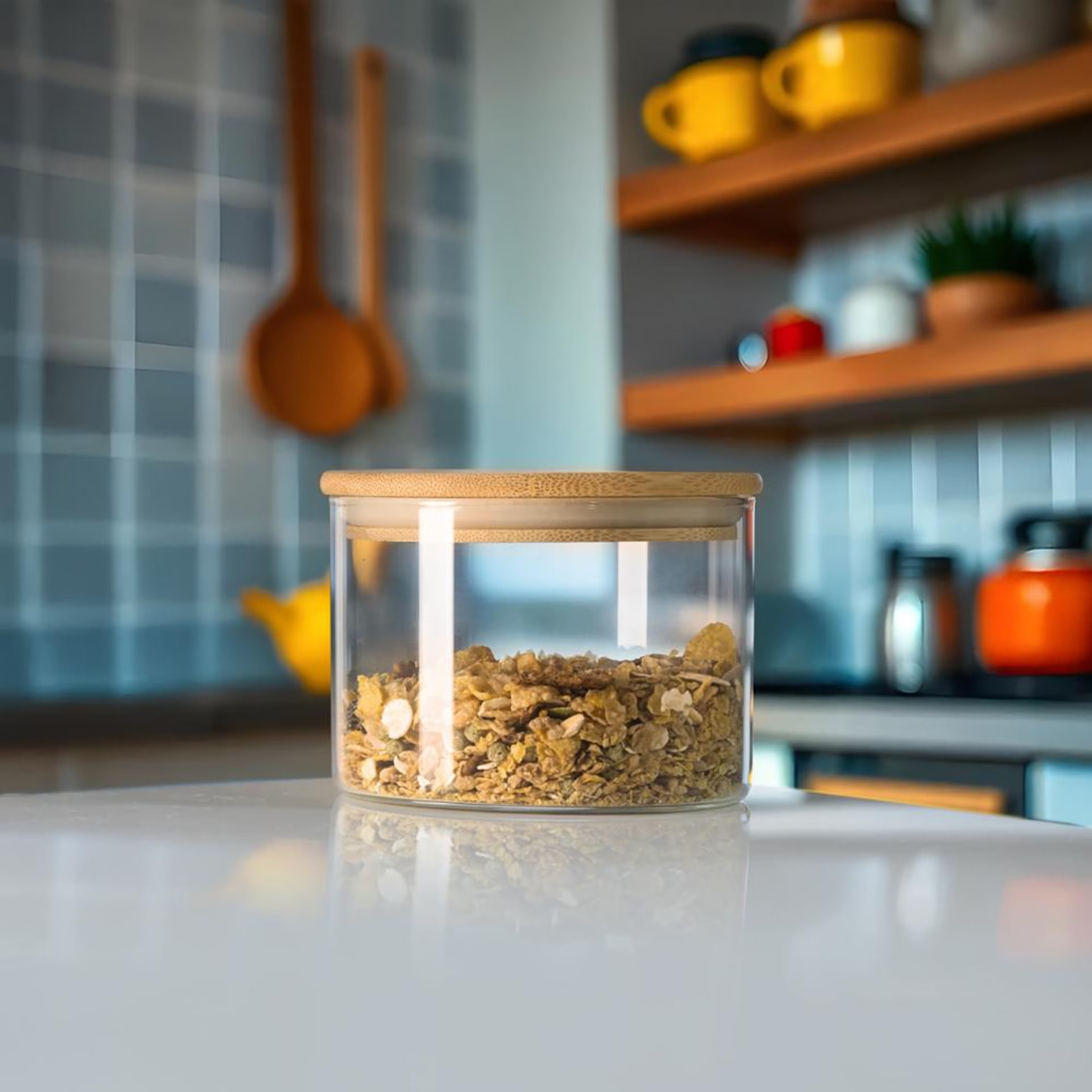 Home 25 Round Glass Storage Jar with Airtight Bamboo Lid | 525 ml | Clear Glass Food Storage Container | Stackable Kitchen Canister for Coffee Candy Cookie Sugar Flour Pasta Nuts and Spice | Burnet Wooden Lid, 525 ML