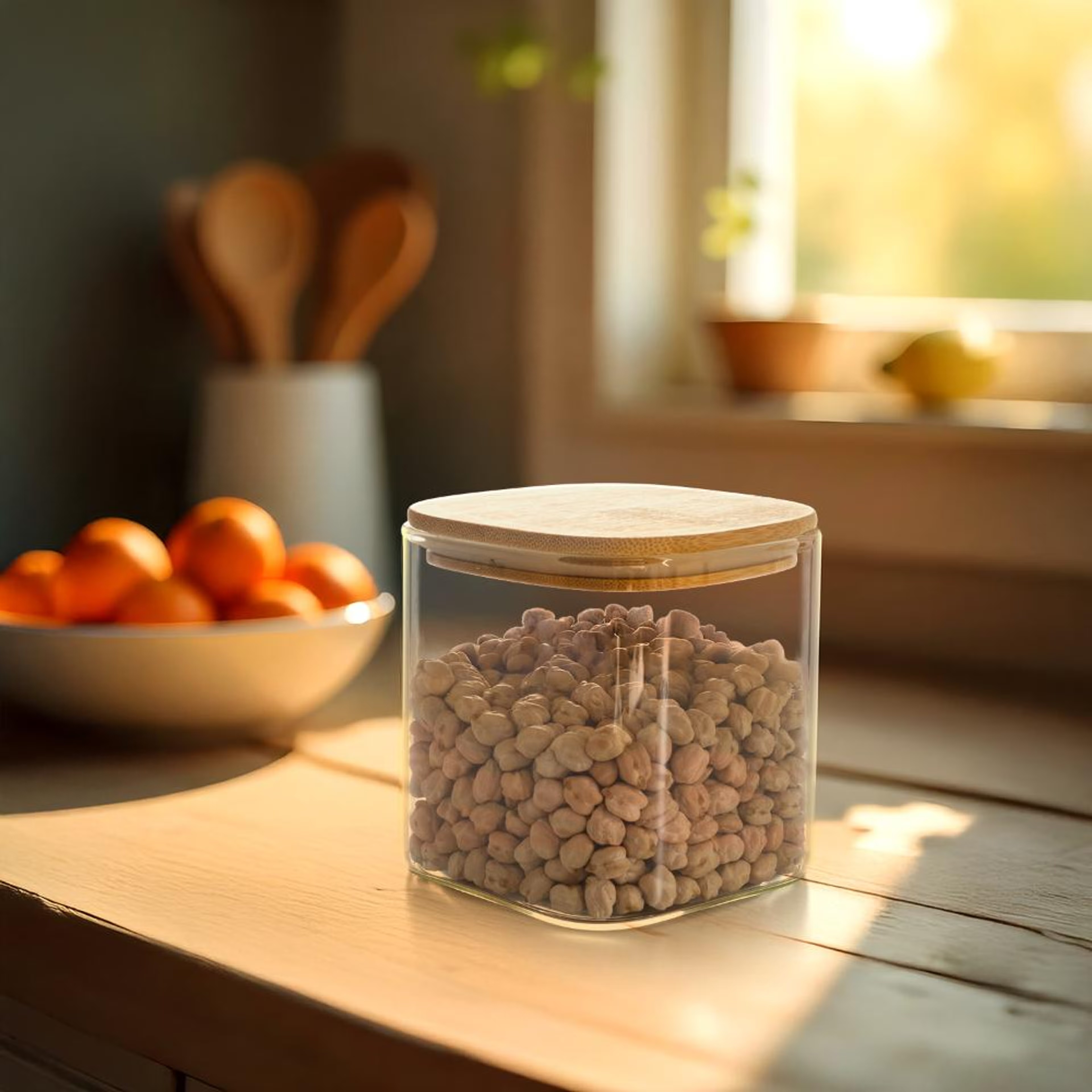 Home 25 Square Glass Storage Jar with Airtight Bamboo Lid | 750 ml | Clear Glass Food Storage Container | Stackable Kitchen Canister for Coffee Candy Cookie Sugar Flour Pasta Nuts and Spice | Cicely Wooden Finish on top, 750 ML