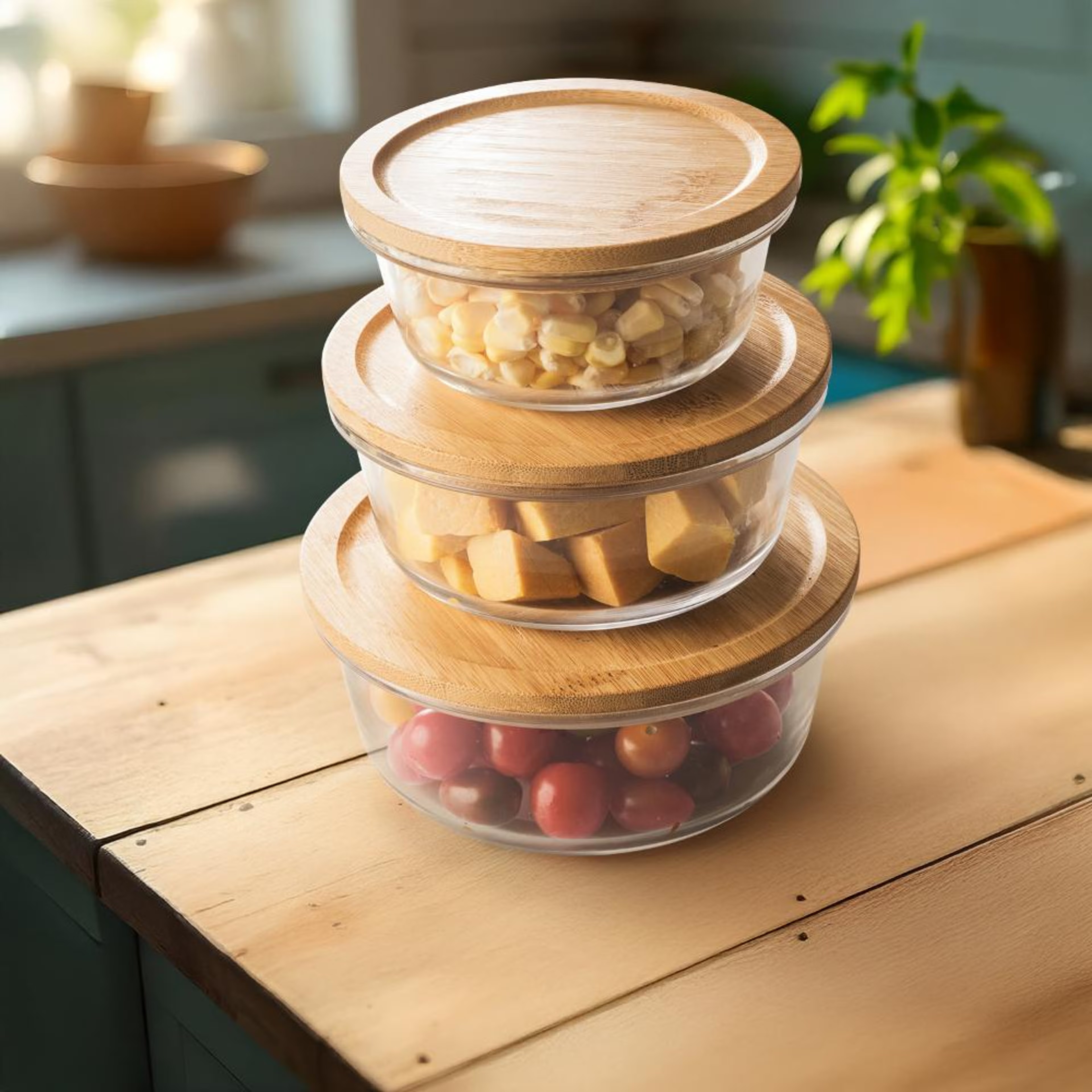 Borosilicate Round Glass Containers with wooden Lid | Set of 3 | 250 ml, 500 ml & 750 ml | Nested | Transparent and Refrigerator Safe | Pasilla round canister, Glass Set of 3