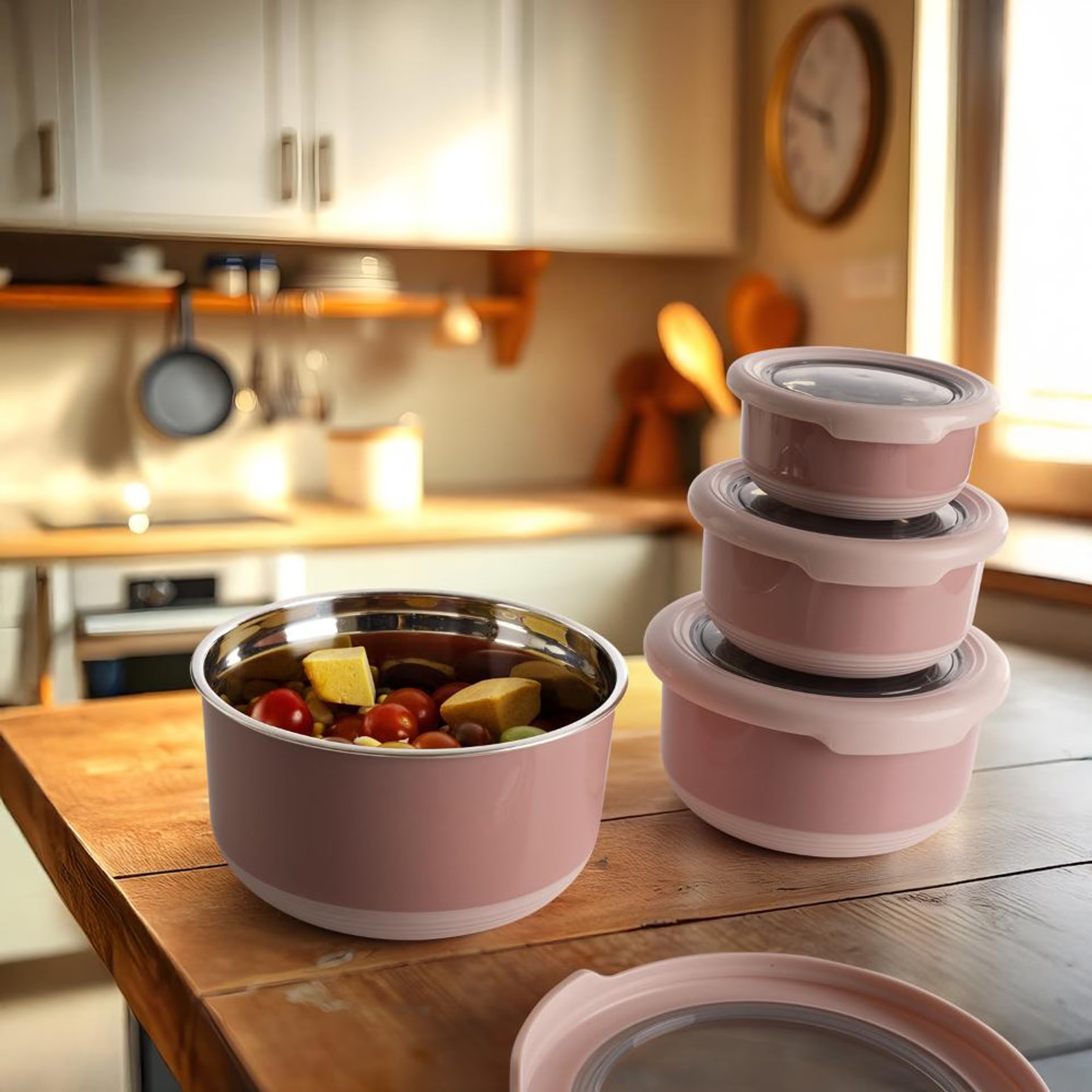 Home 33 Set of 4 plastic Canisters With Lid | Airtight Tiffin Box | 150 ml, 300 ml, 500 ml & 950 ml | Perfect for Leftovers & Food Storage | Pink | Pasilla Plastic set of 4, Pink