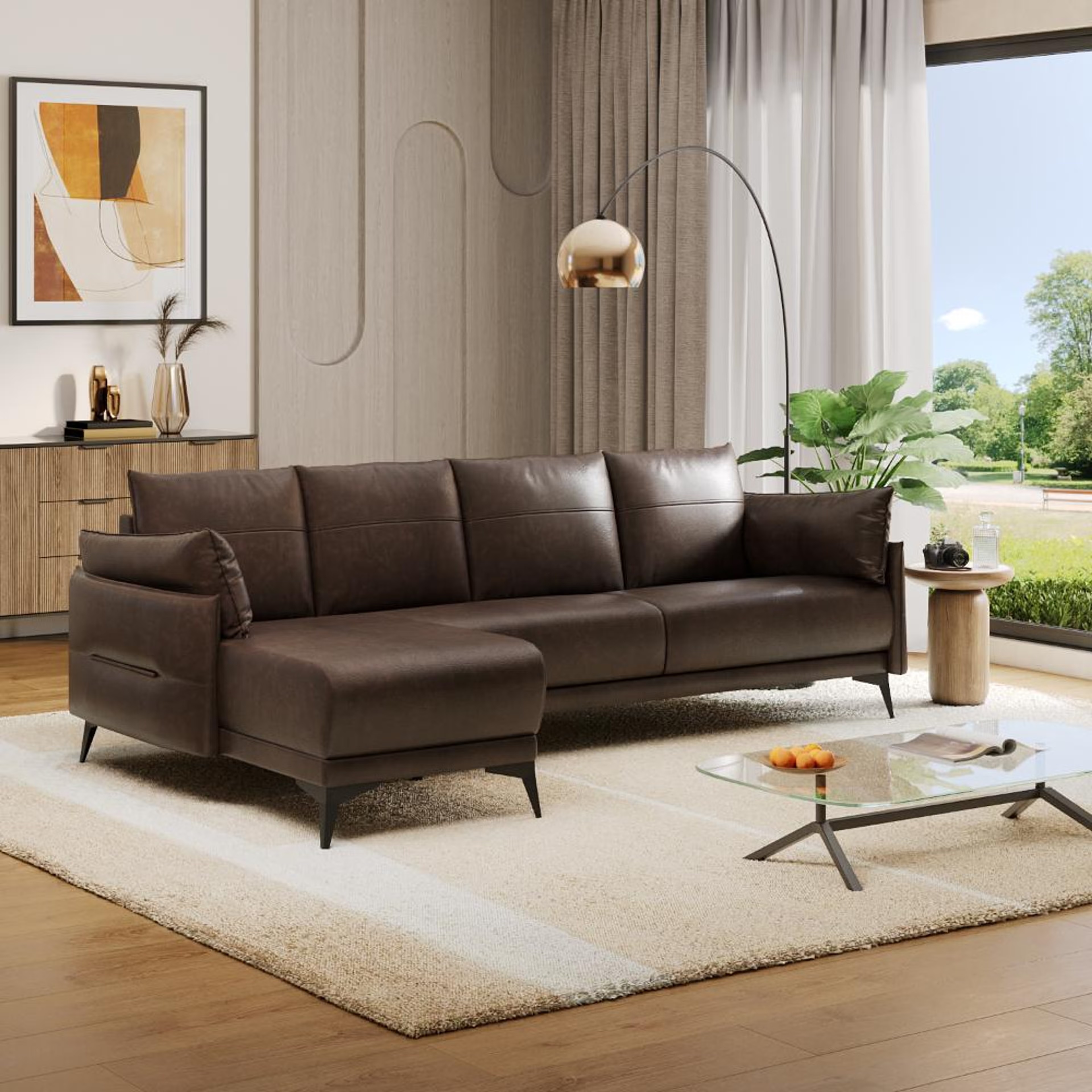 Home 42 Komodo (3 Seater + Left Aligned Chaise) Sectional, Set (3 Seater + Left Aligned Chaise), Brown