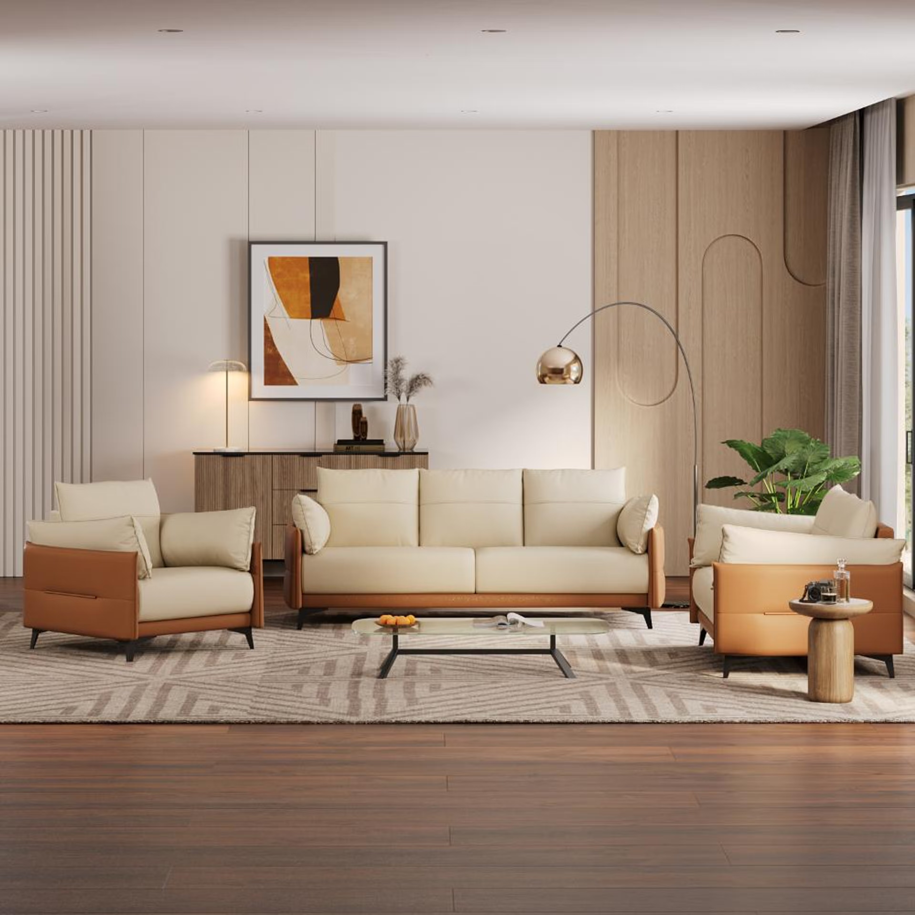 Wakefit Komodo Sofa Set (3+2+1) Seater Regular, Set (3+2+1), Camel & Beige