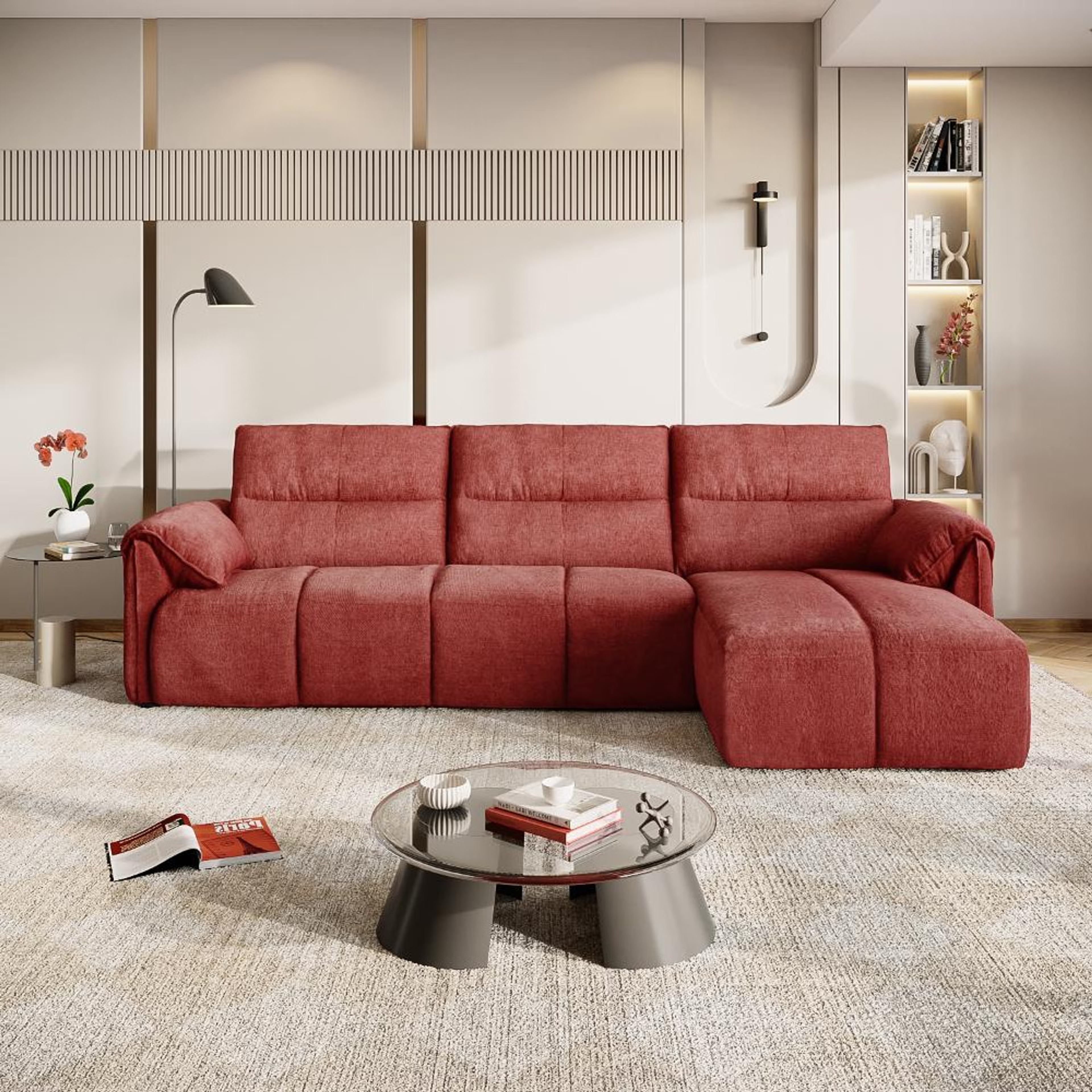 Home 25 Naxos (3 Seater+ Right Aligned Chaise) Sectional, Set (3 Seater + Right Aligned Chaise), Maroon