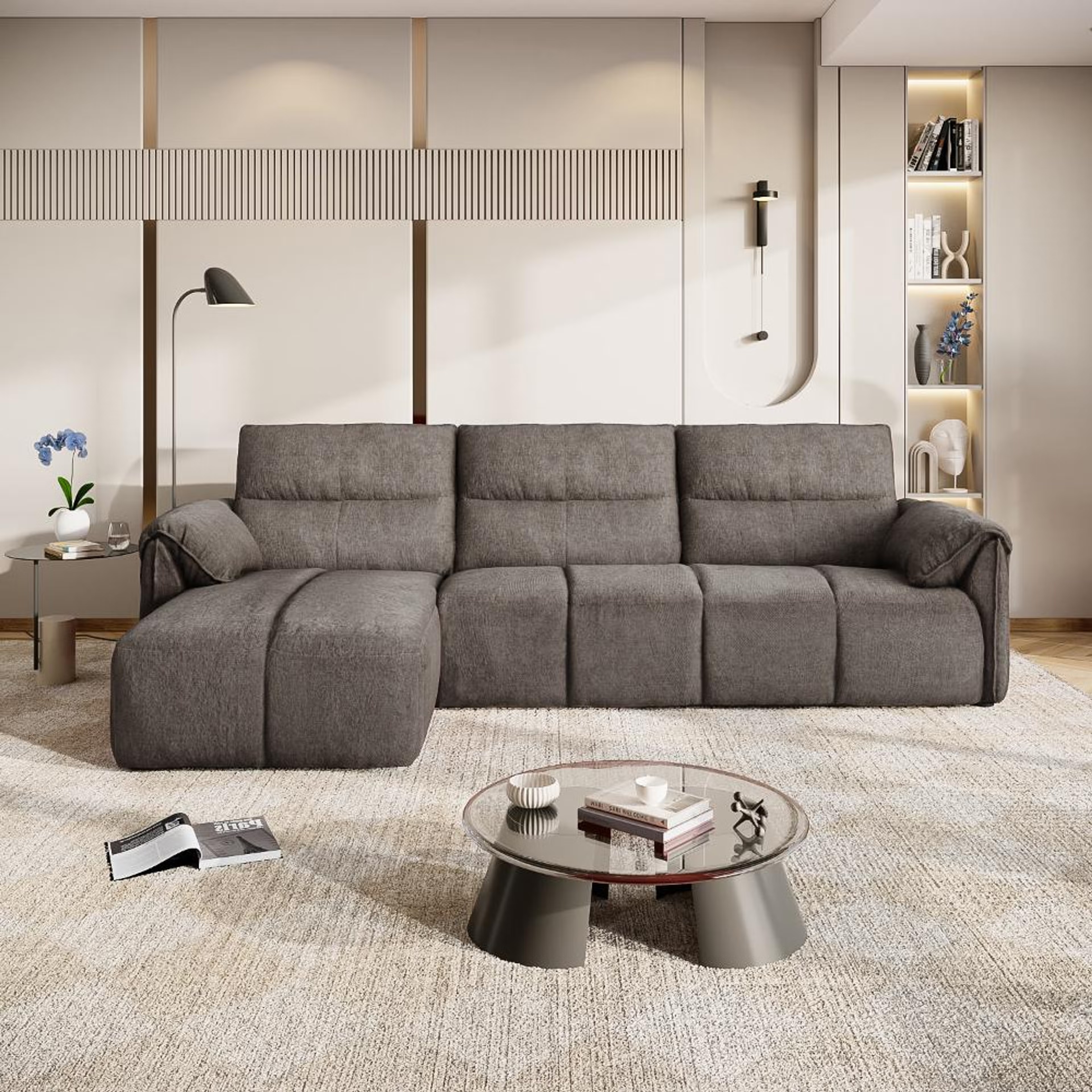 Naxos (3 Seater + Left Aligned Chaise) Sectional, Set (3 Seater + Left Aligned Chaise), Grey