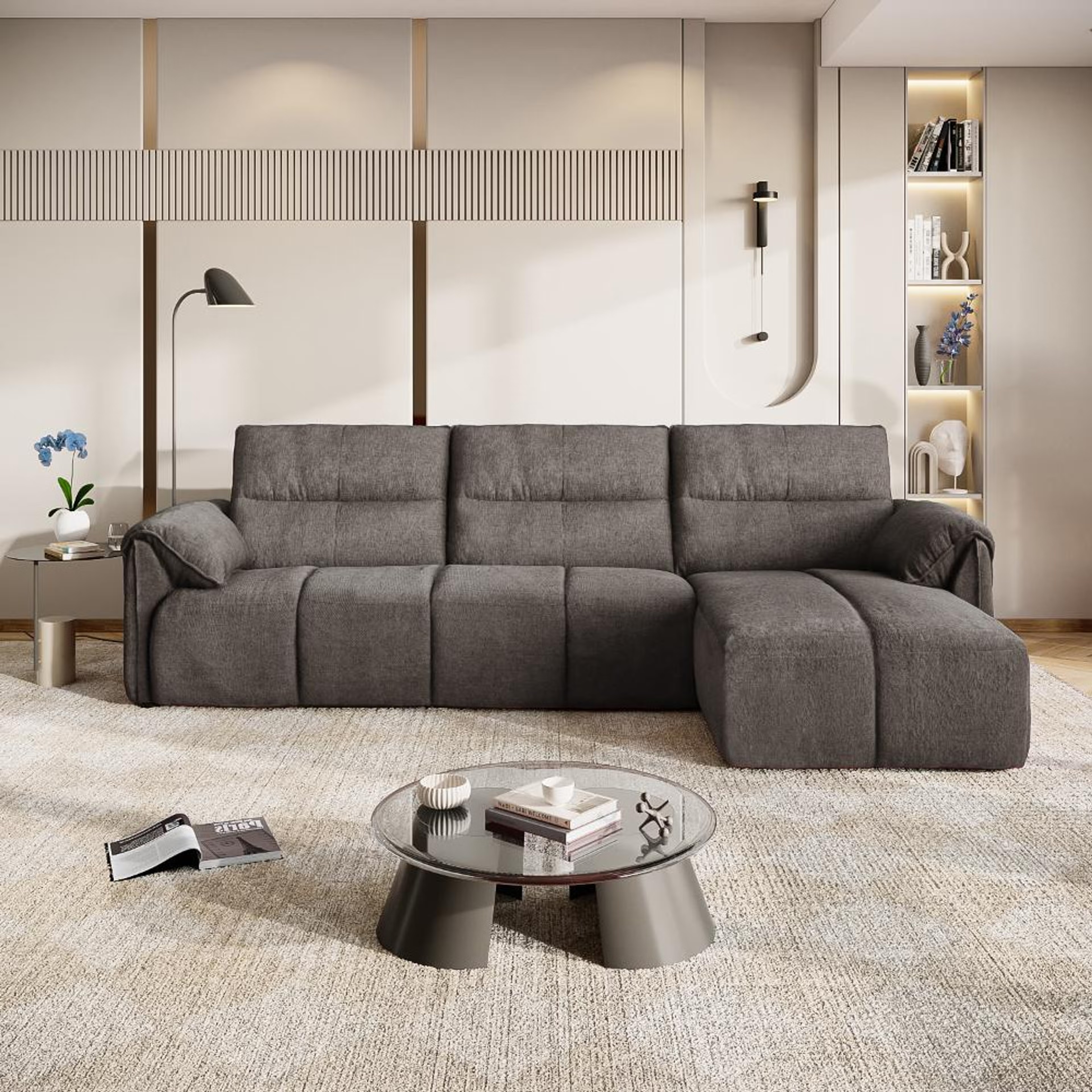 Home 36 Naxos (3 Seater+ Right Aligned Chaise) Sectional, Set (3 Seater + Right Aligned Chaise), Grey