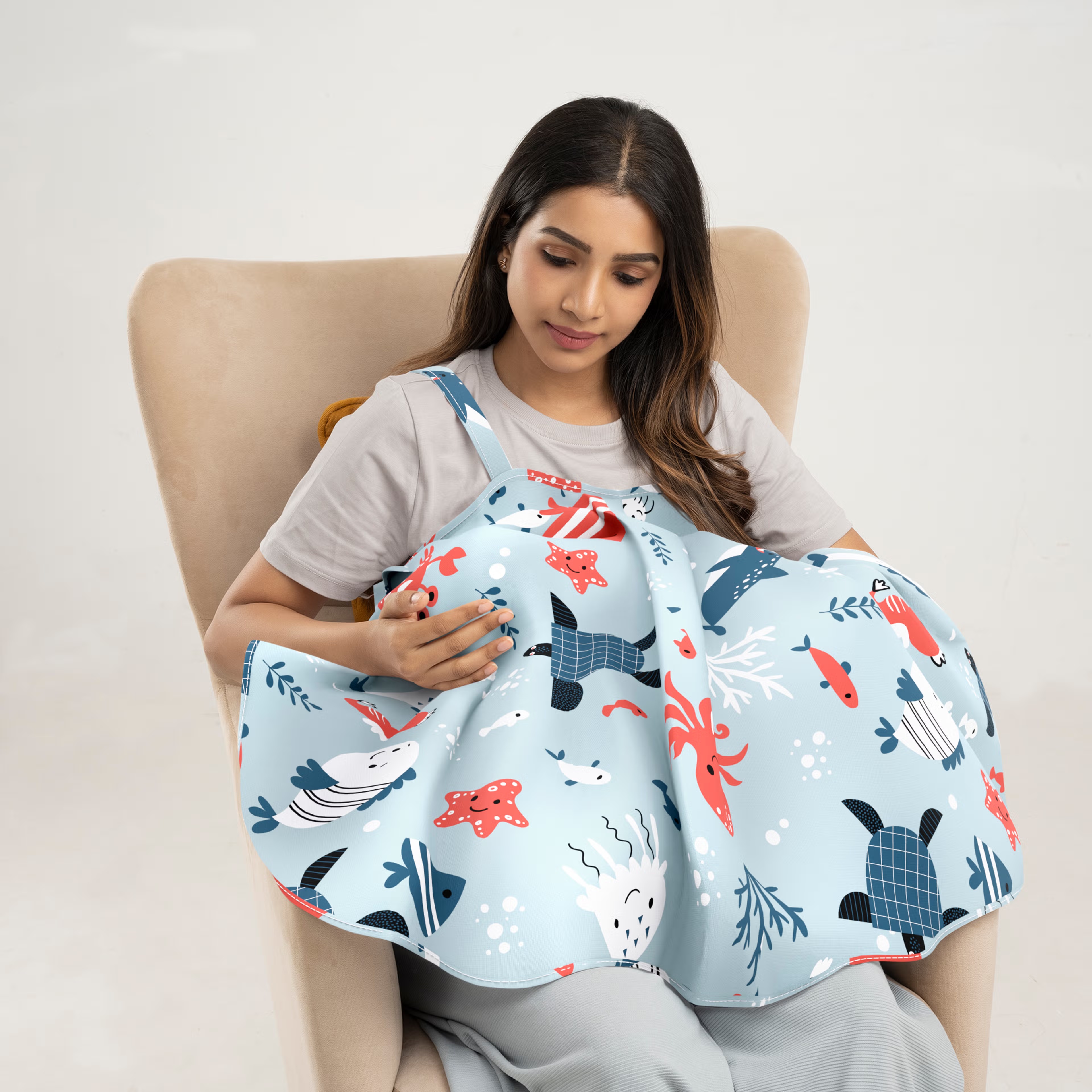 Nursing Pillow with Cape For Breastfeeding & Baby Care | 5 in 1 Feeding Pillow with 100% Cotton Removable Cover | Super Soft & Machine Washable | Coral Dive Nursing pillow with Cape, Cotton, Coral Dive