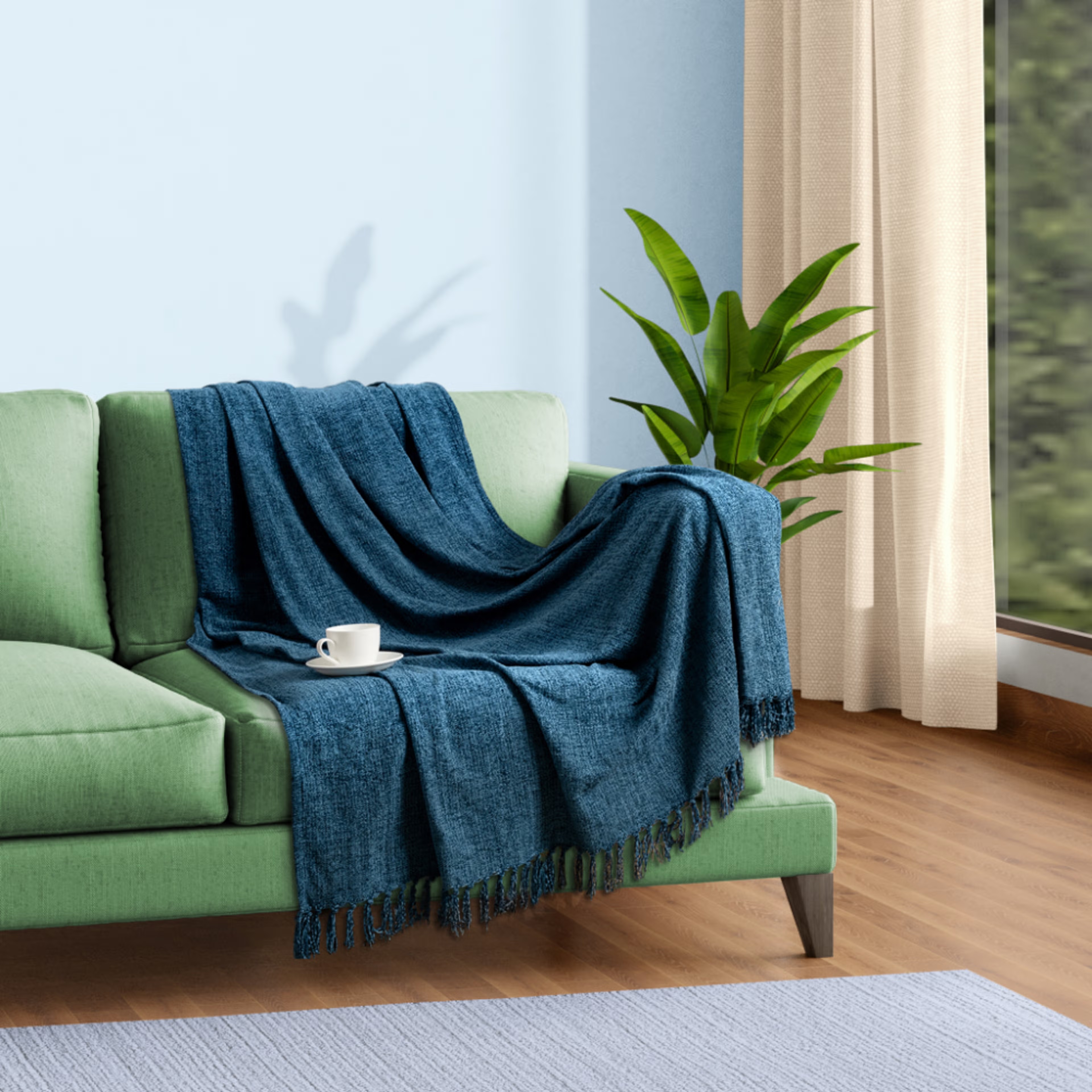 Wakefit Chenille Throw for Sofa & Chair with Tassles| Soft & Lightweight | Machine Washable | Azure Blue 50 x 60 inches Chenille, 50x60, Azure Blue