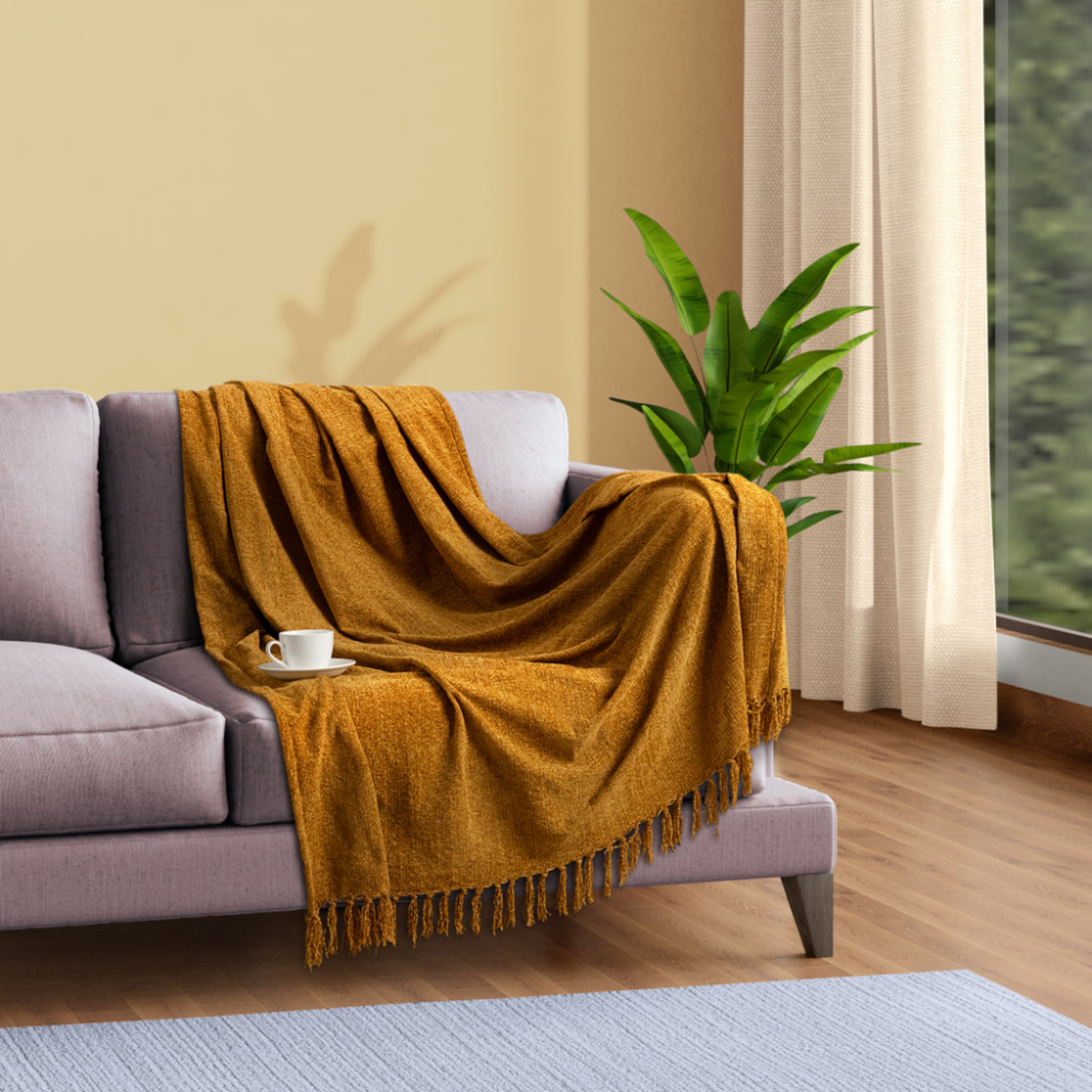 Wakefit Chenille Throw for Sofa & Chair with Tassles| Soft & Lightweight | Machine Washable | Sunburst Yellow 50 x 60 inches Chenille, 50x60, Sunburst Yellow