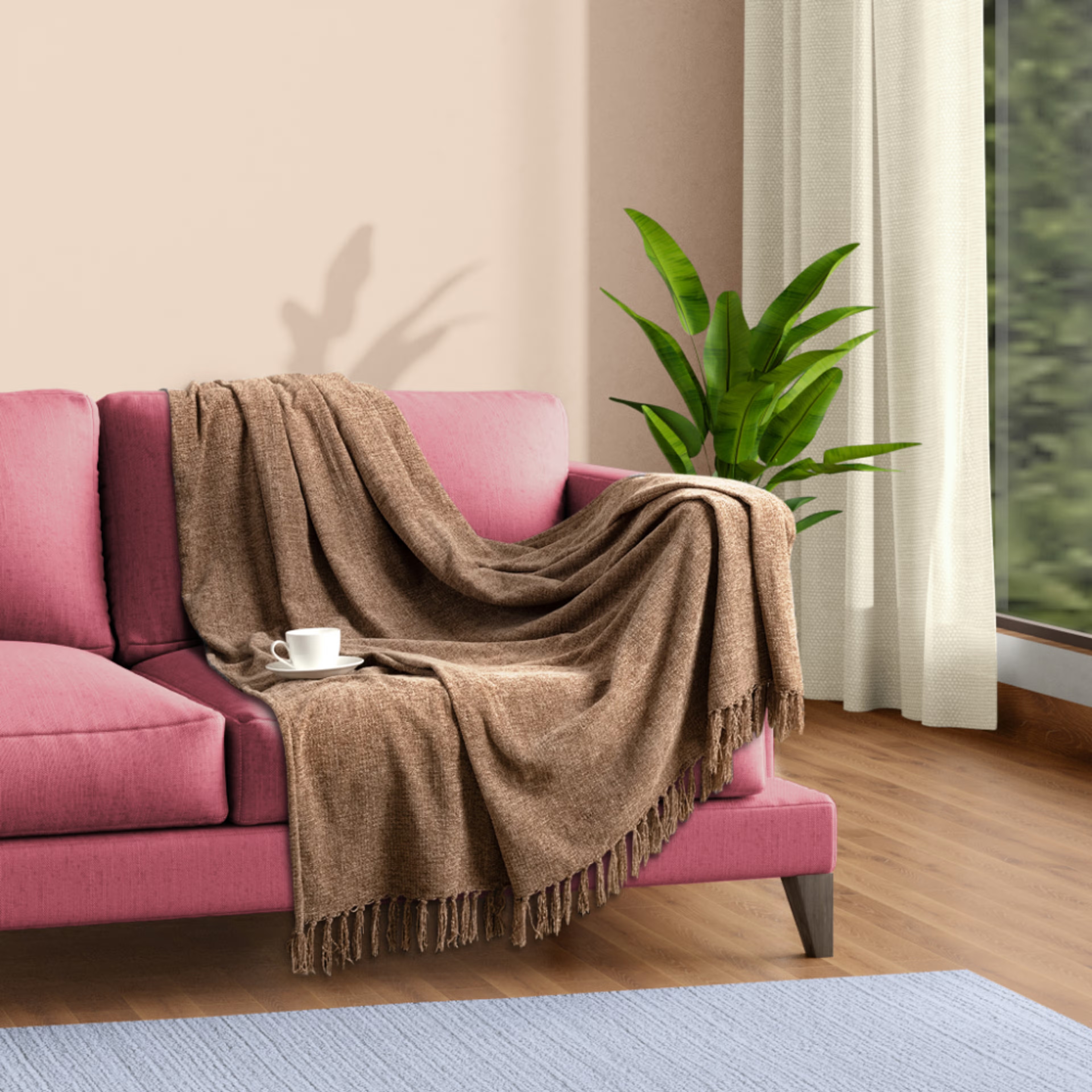 Wakefit Chenille Throw for Sofa & Chair with Tassles| Soft & Lightweight | Machine Washable | Whitefield Beige 50 x 60 inches Chenille, 50x60, Whitefield Beige