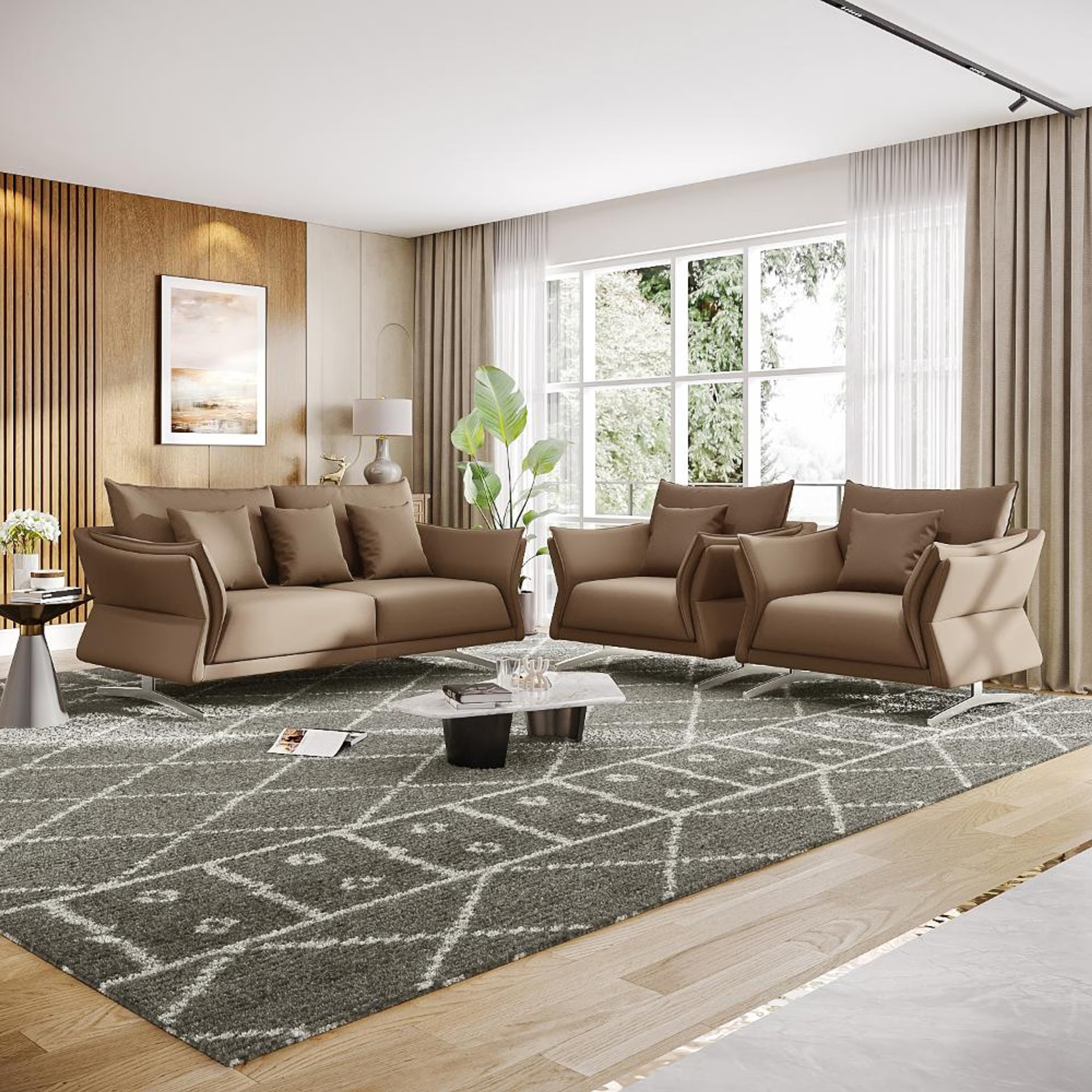 Wakefit Kiribati Sofa Set (3+1+1) Seater Regular, Set (3+1+1), Cappuccino