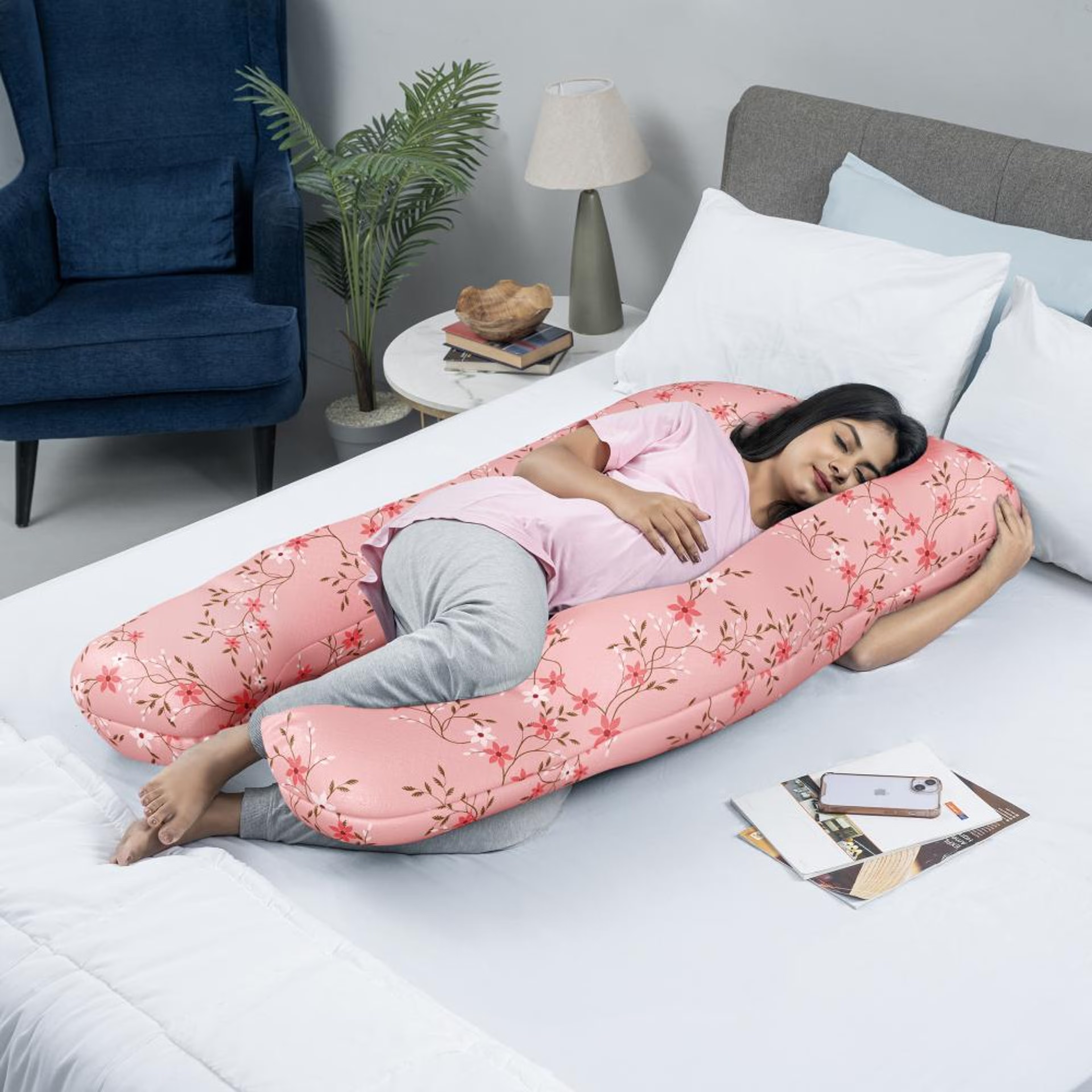 Home 46 Maternity Pillow for Pregnancy Support | U Shape | 100% Cotton & Machine Washable Cover | Sakura Pink U Shape, Cotton, Sakura Pink