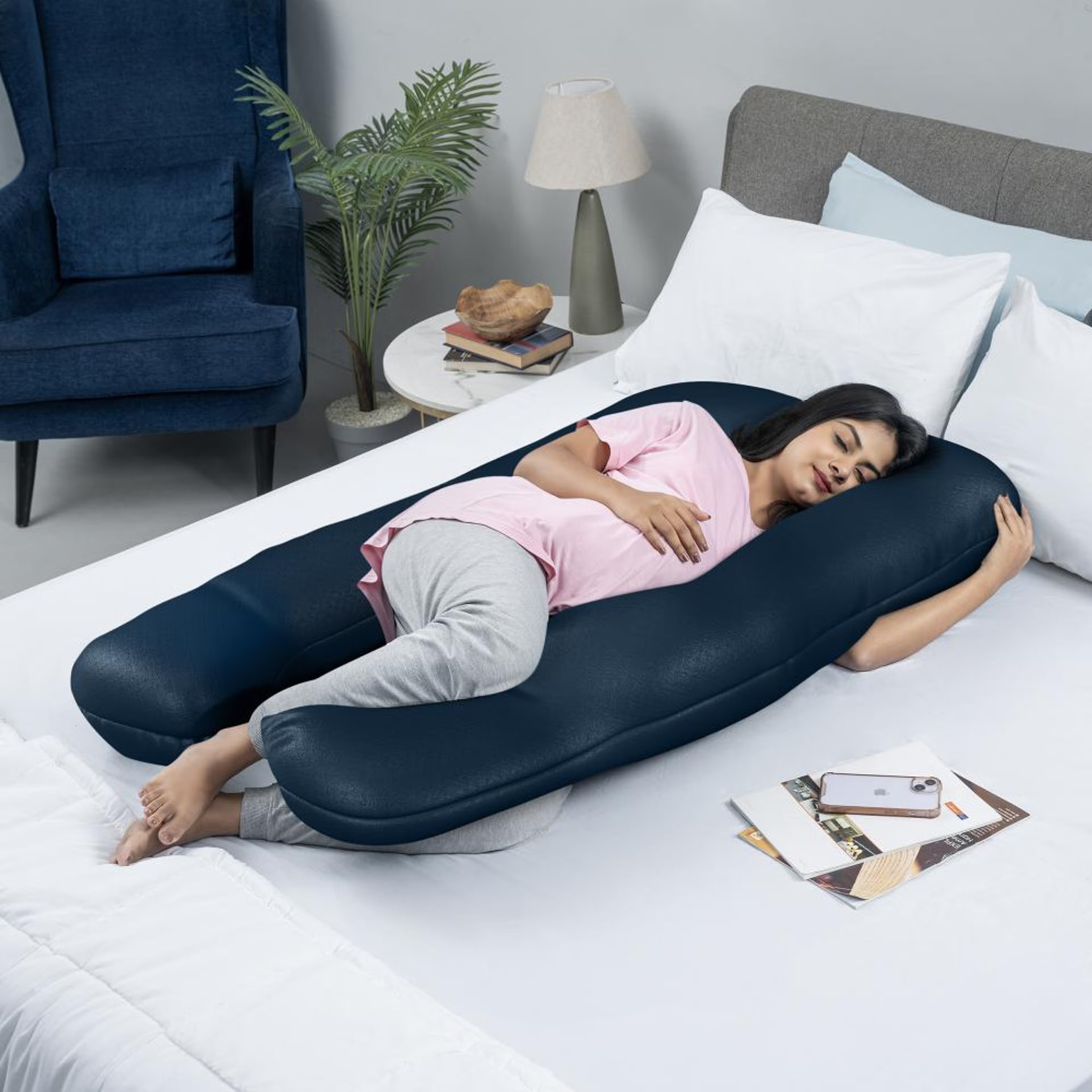Home 25 Maternity Pillow for Pregnancy Support | U Shape | 100% Cotton & Machine Washable Cover | Navy Blue U Shape, Cotton, Navy Blue