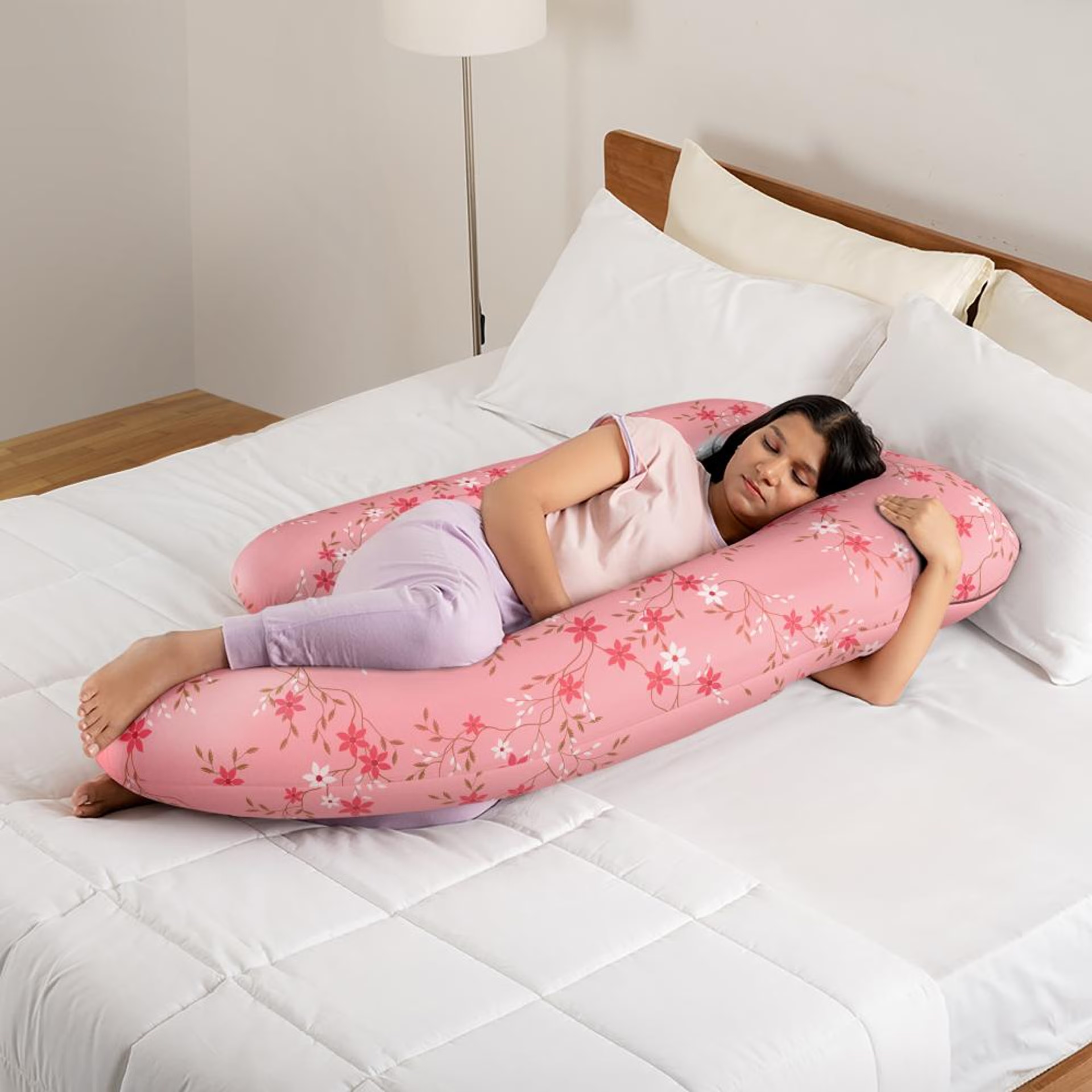 Maternity Pillow for Pregnancy Support | G Shape | 100% Cotton & Machine Washable Cover | Sakura Pink G Shape, Cotton, Sakura Pink