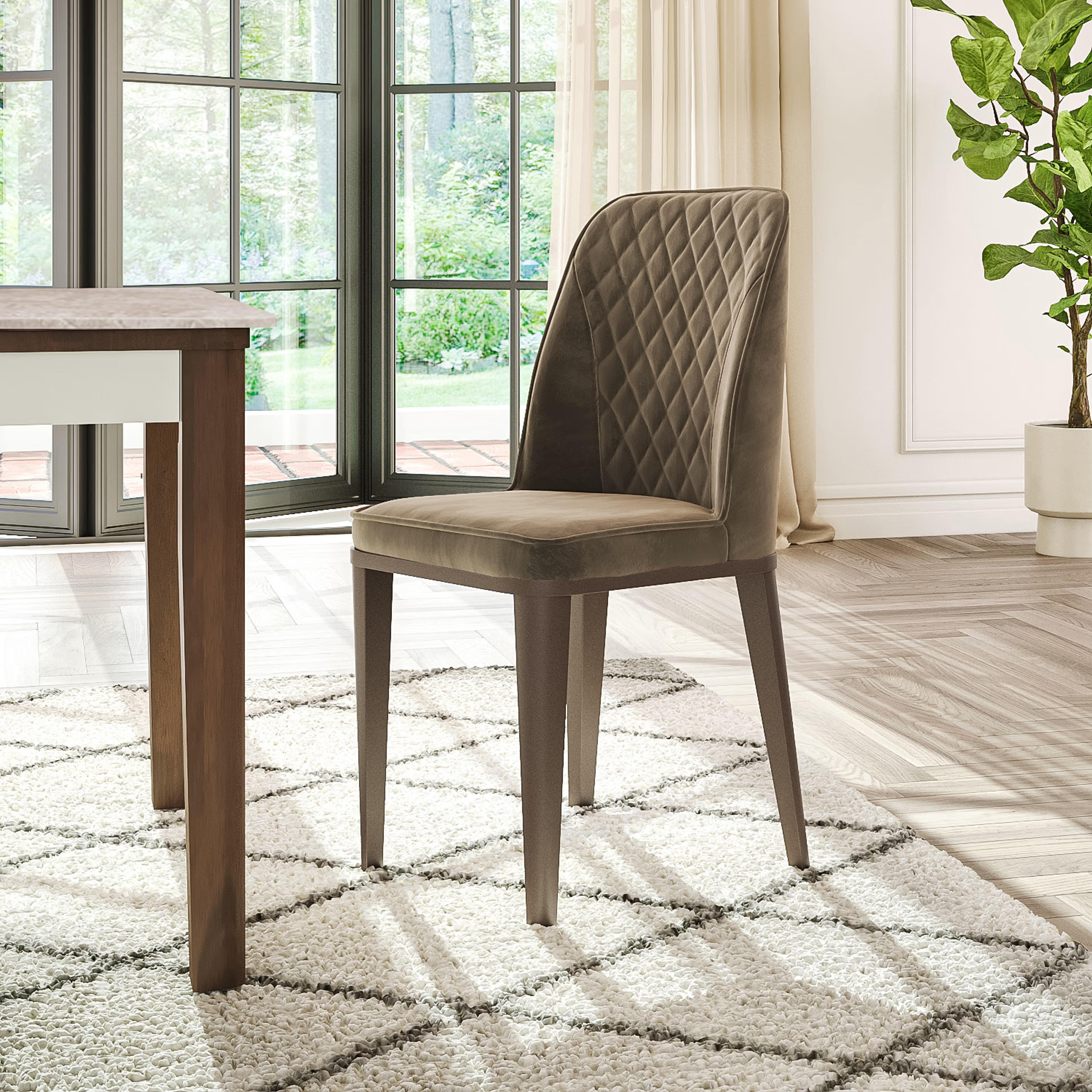 Wakefit Venza Metal Dining Chair - Stone With Cushion, Velvet Stone, Dark Brown