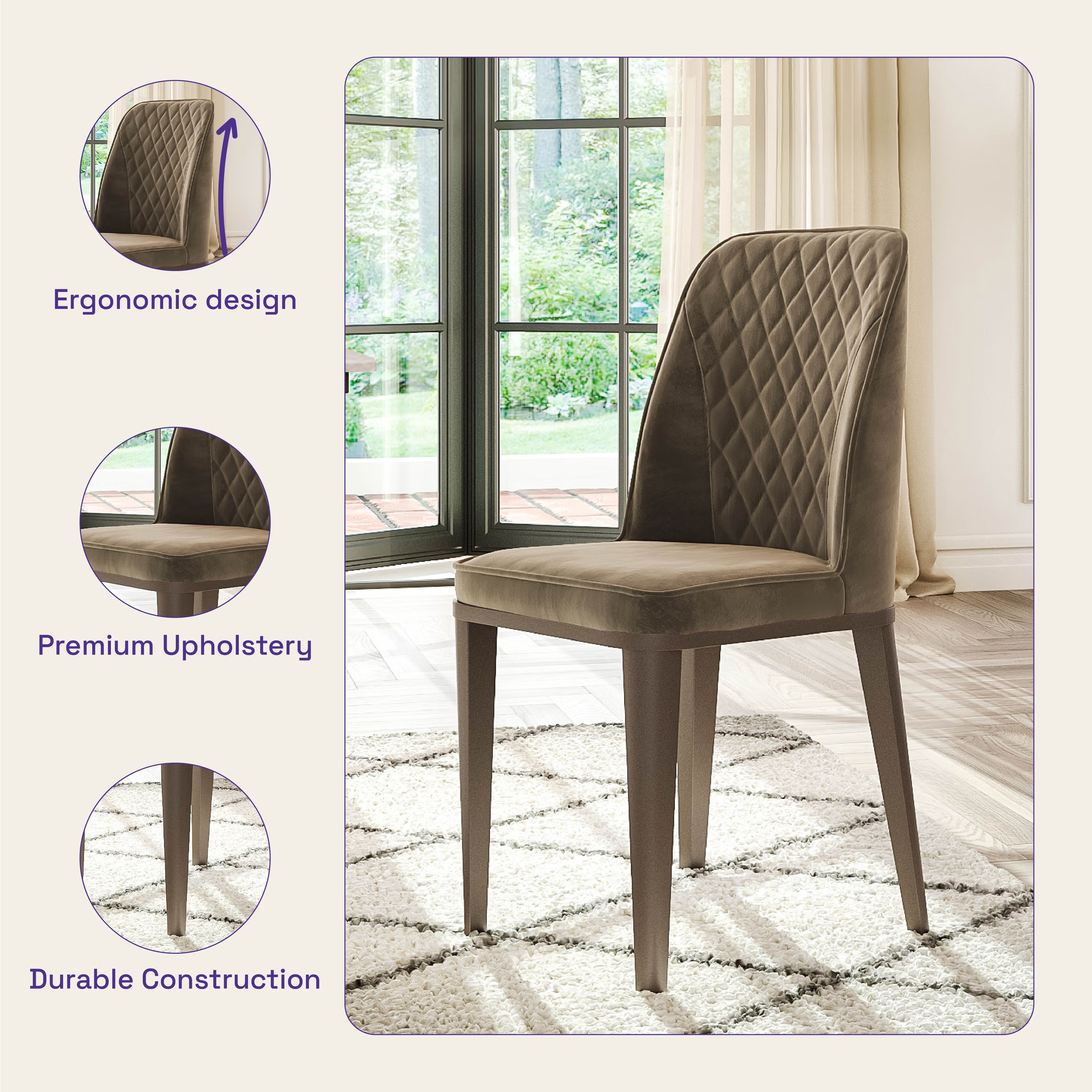 Wakefit Venza Metal Dining Chair - Stone With Cushion, Velvet Stone, Dark Brown