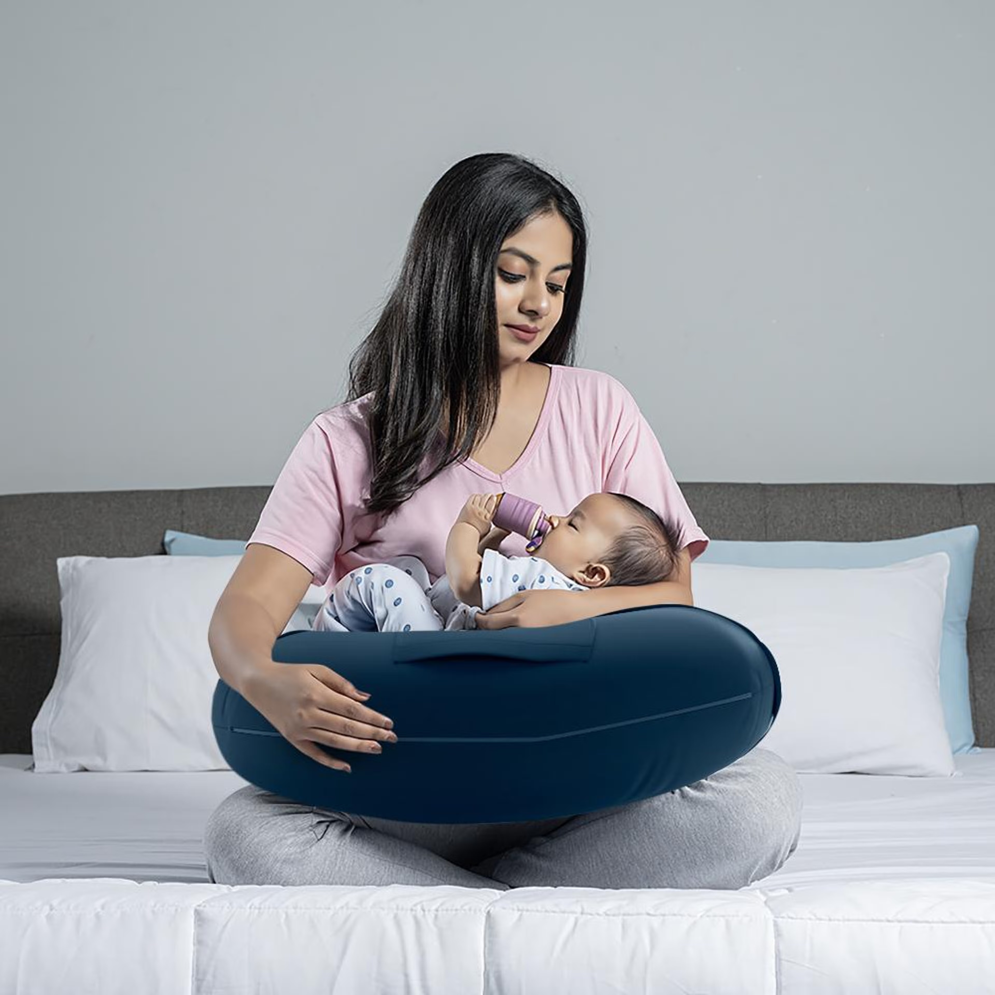 Home 30 Nursing Pillow For Feeding & Baby Care | 100% Cotton & Machine Washable Cover | Navy Blue Advanced, Cotton, Navy Blue