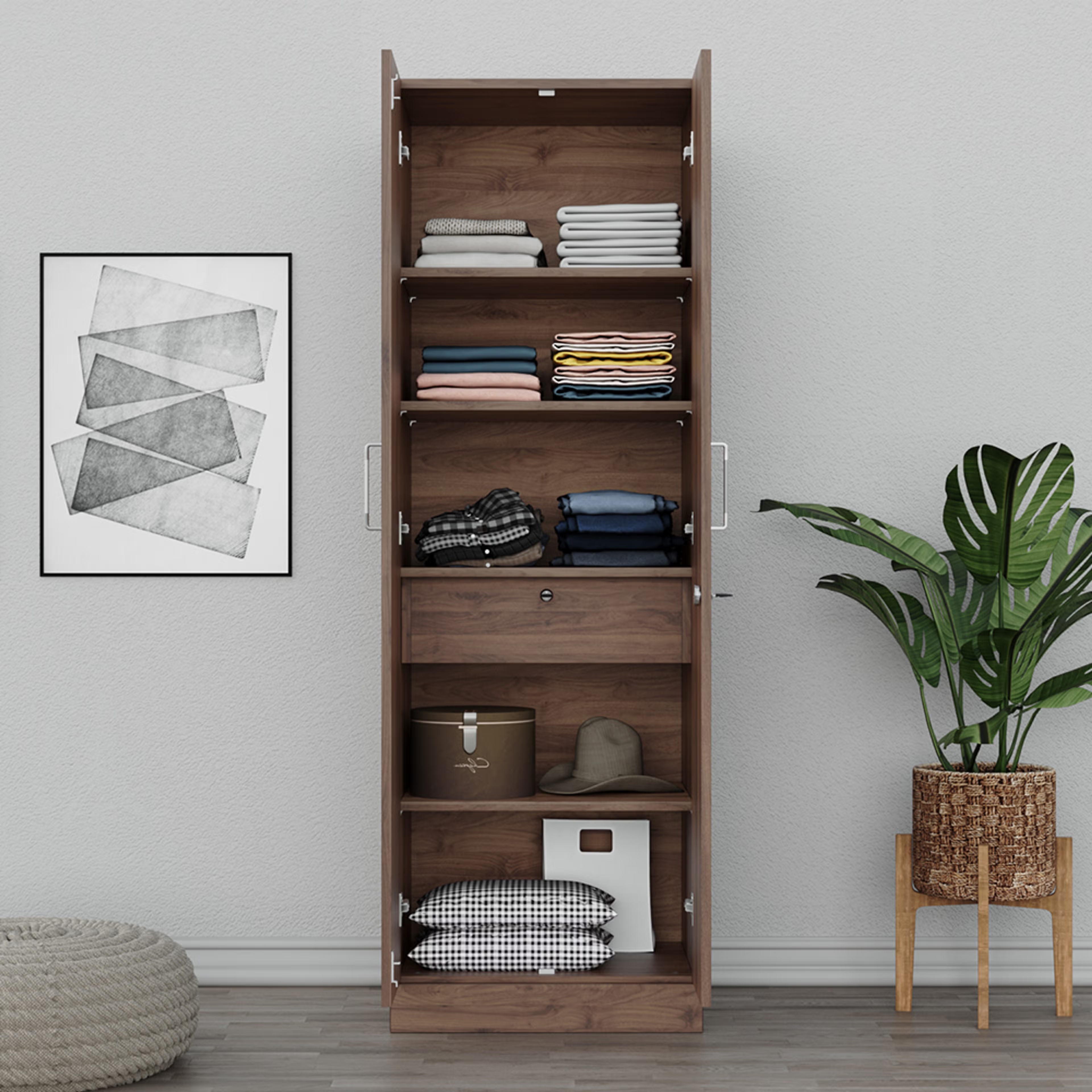 Twill 2 Door Compact Wardrobe with 1 Internal drawer | Without Mirror| No Hanging Area| (Columbia Walnut) 2 Door, With Drawer, Without Mirror, No Hanging Area, Columbia Walnut