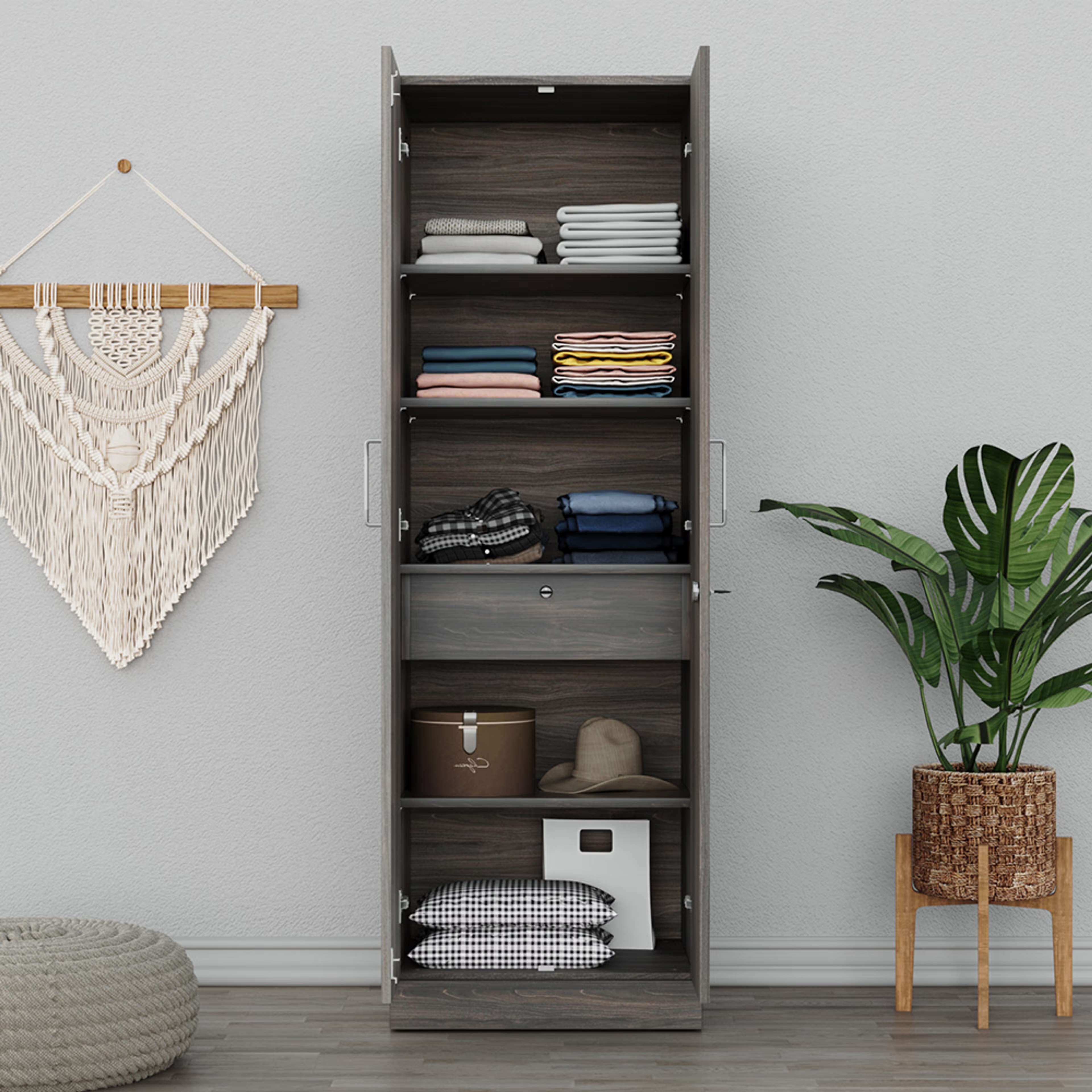 Home 30 Twill 2 Door Compact Wardrobe with 1 Internal drawer | Without Mirror| No Hanging Area | (Dark Brown) 2 Door, With Drawer, Without Mirror, No Hanging Area, Dark Brown
