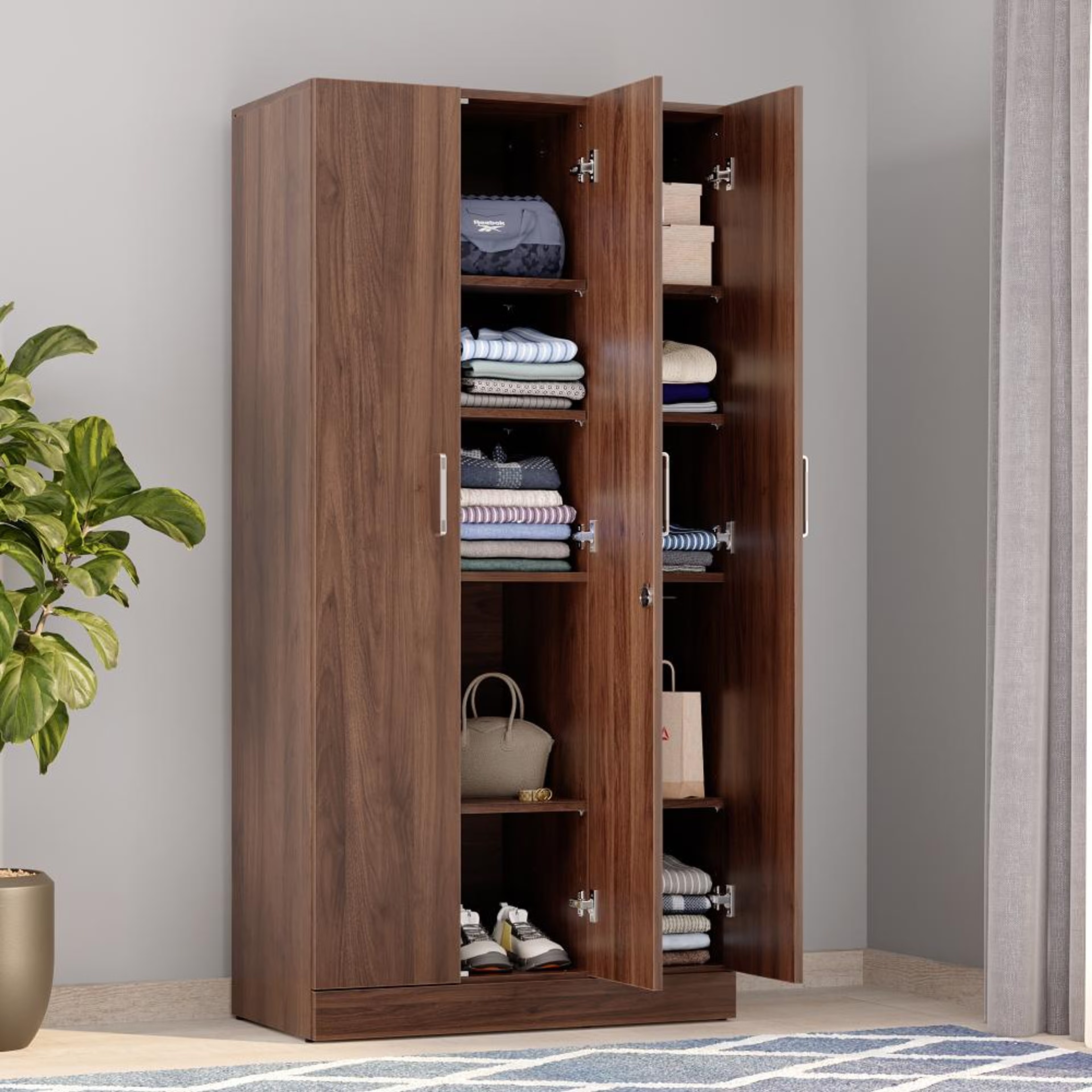 Twill 3 Door Compact Wardrobe without Drawer & Mirror | No Hanging Area | (Columbia Walnut) 3 Door, Without Drawer, Without Mirror, No Hanging Area, Columbia Walnut