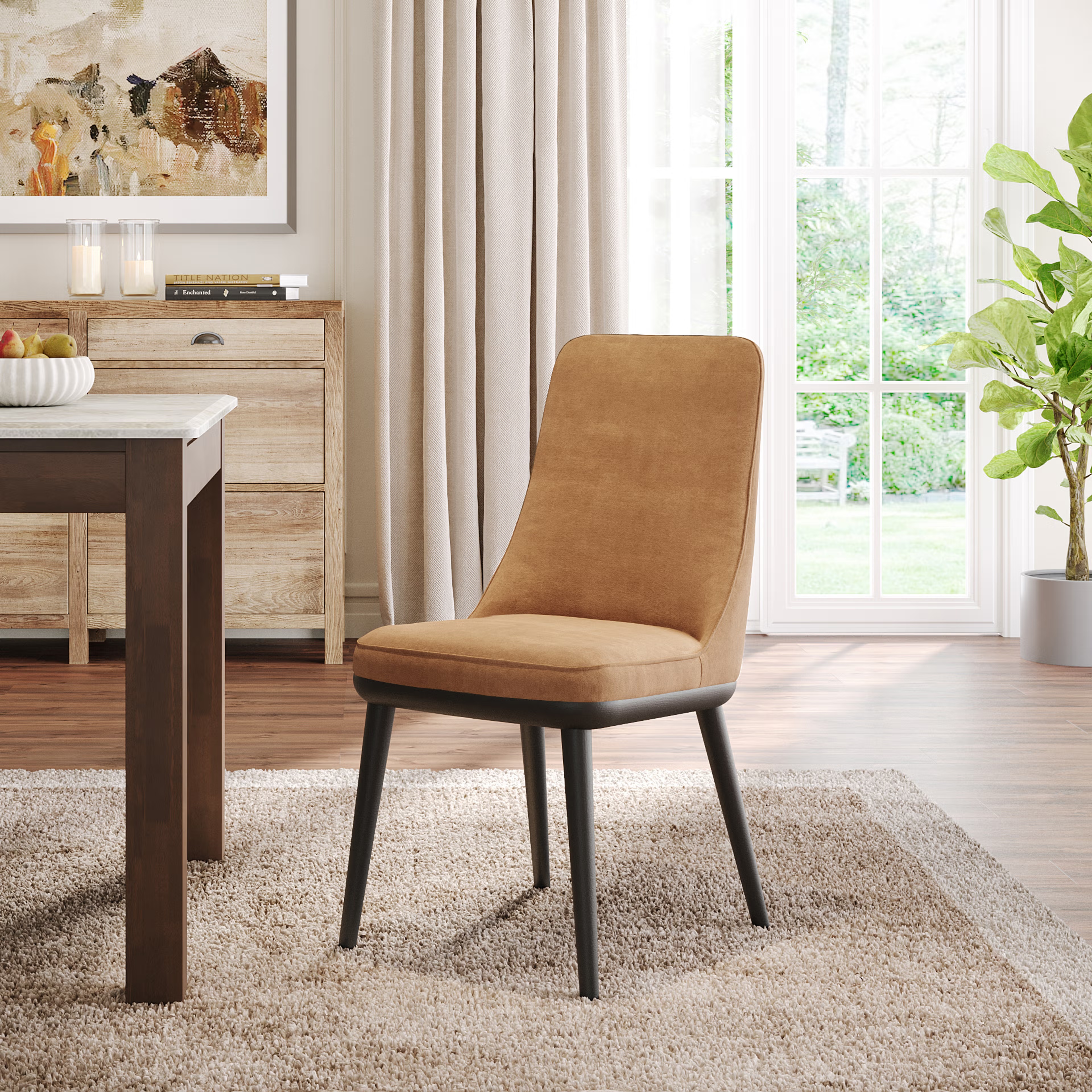 Wakefit Kova Dining Chair - Napoli Tan With Cushion, Napoli Tan, Black