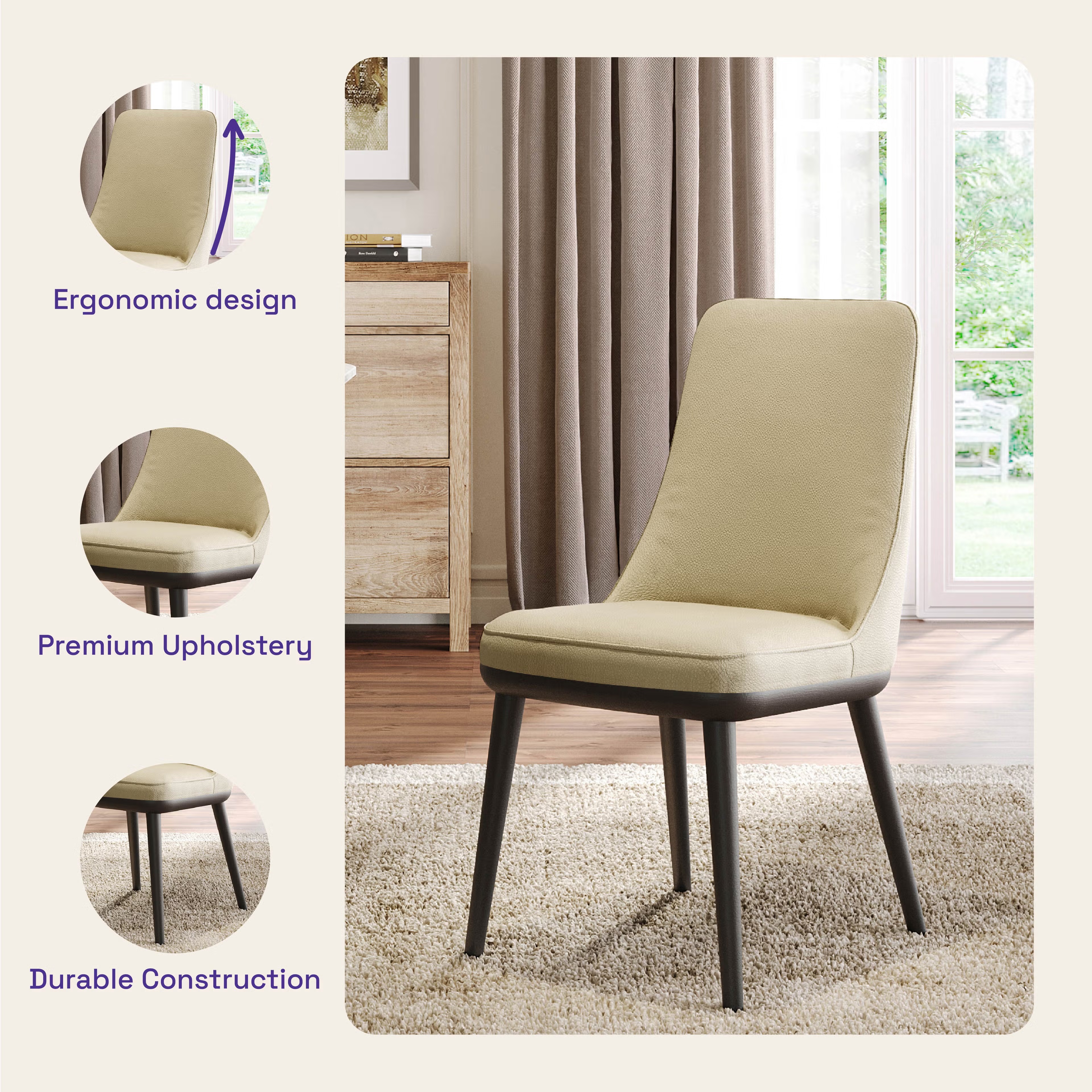Home 44 Wakefit Kova Dining Chair - Robin Beige With Cushion, Robin Beige, Black
