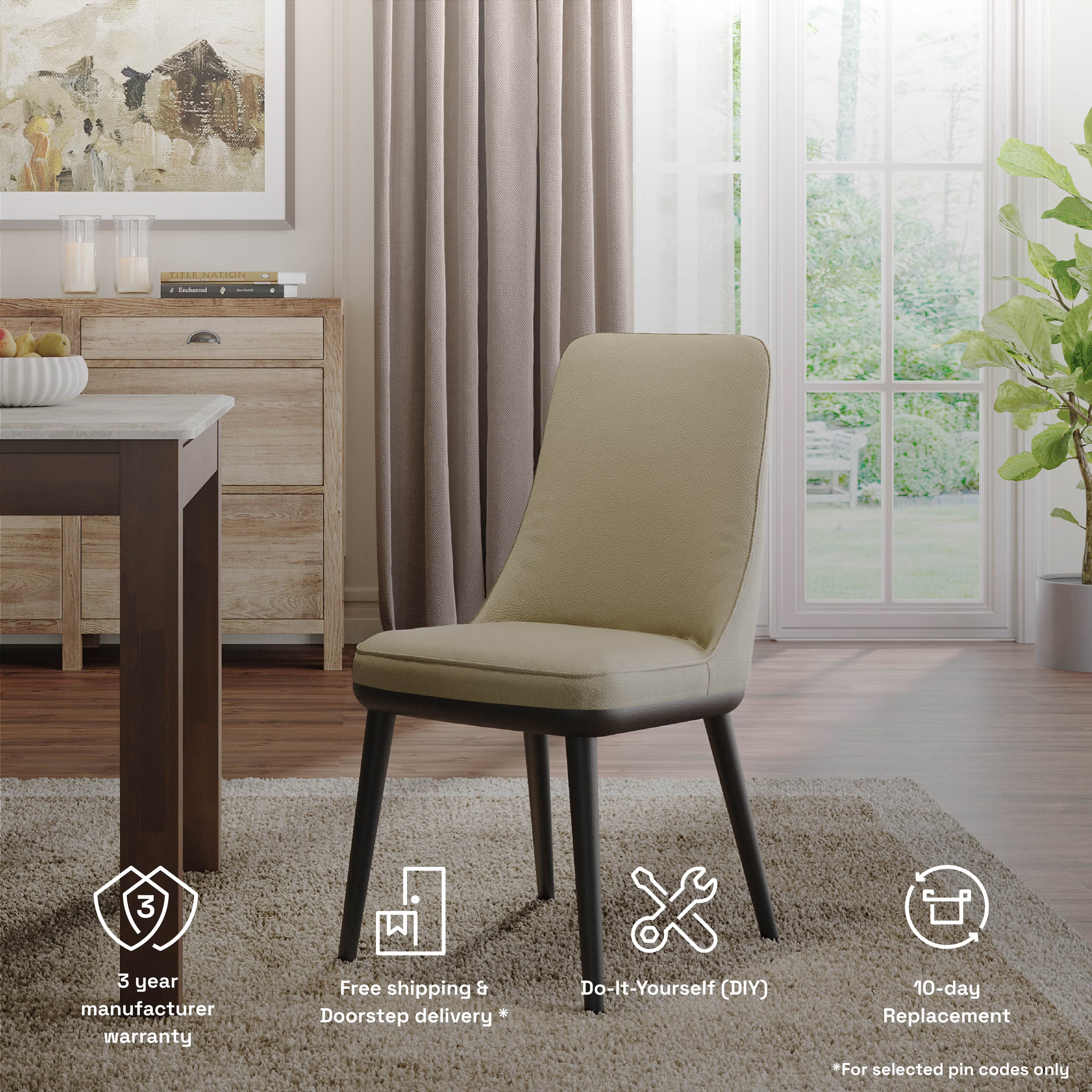 Wakefit Kova Dining Chair - Robin Beige With Cushion, Robin Beige, Black 8 Wakefit Kova Dining Chair - Robin Beige With Cushion, Robin Beige, Black