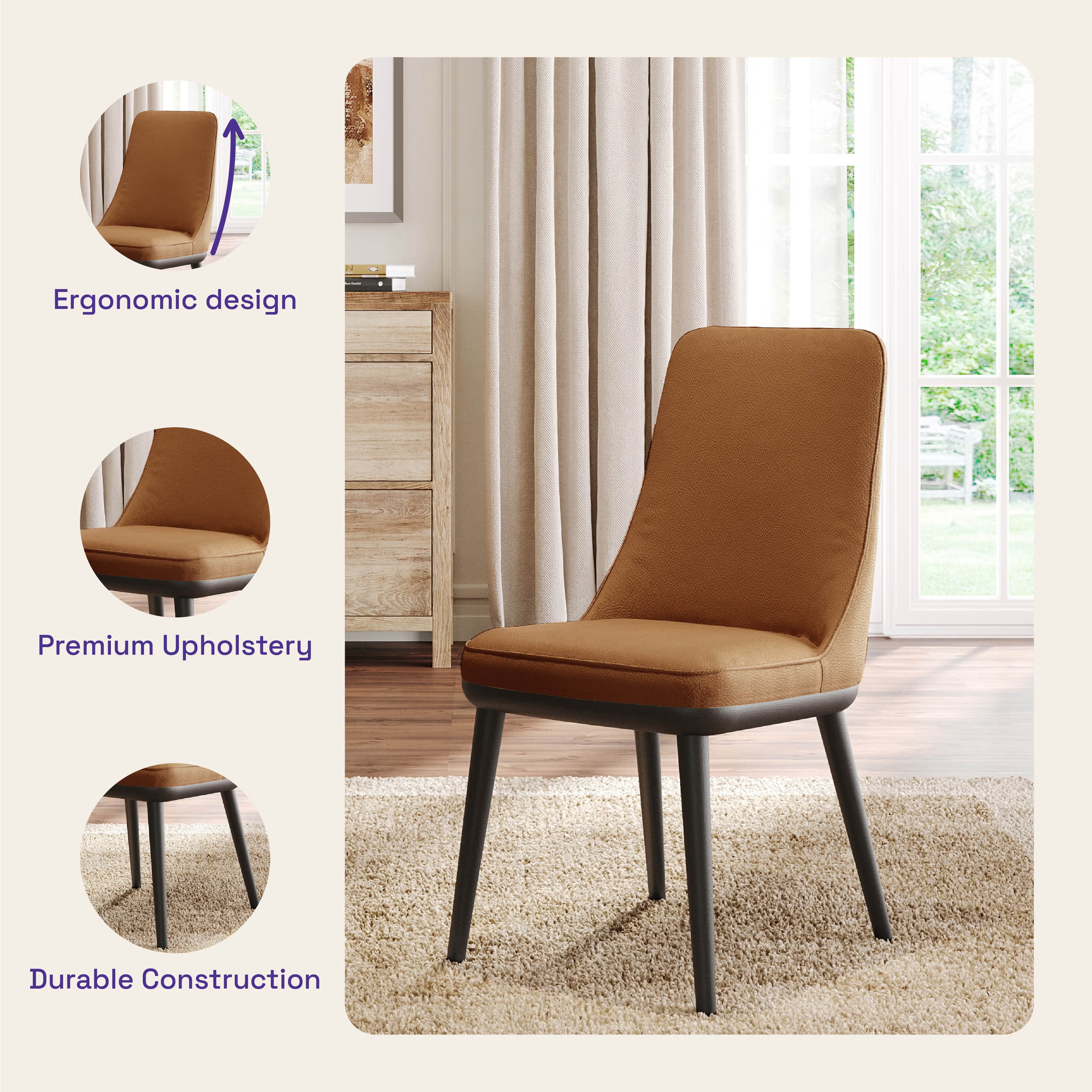 Wakefit Kova Dining Chair - Robin Tan With Cushion, Robin Tan, Black 2 Wakefit Kova Dining Chair - Robin Tan With Cushion, Robin Tan, Black