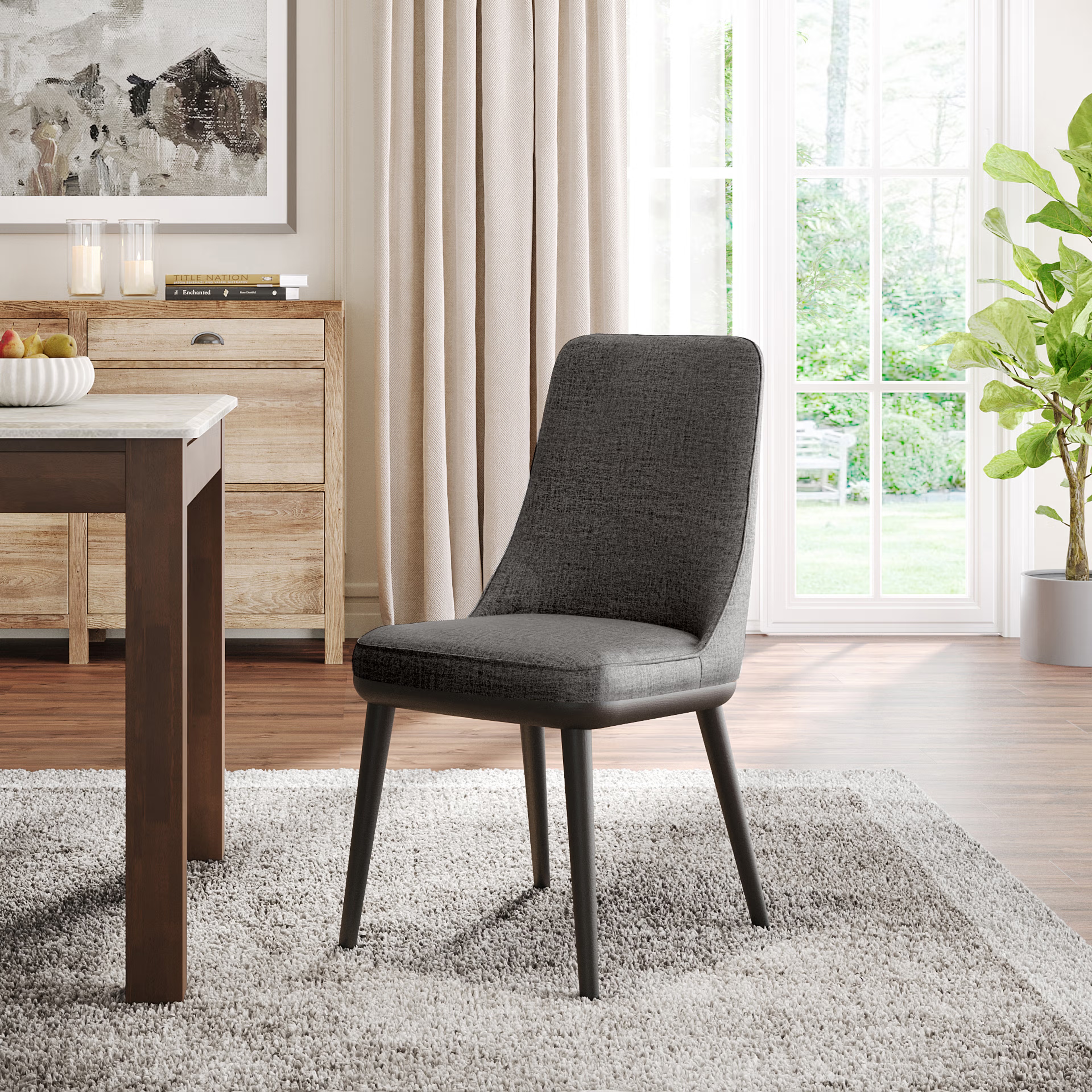 Wakefit Kova Dining Chair - Charcoal Grey With Cushion, Charcoal Grey, Black