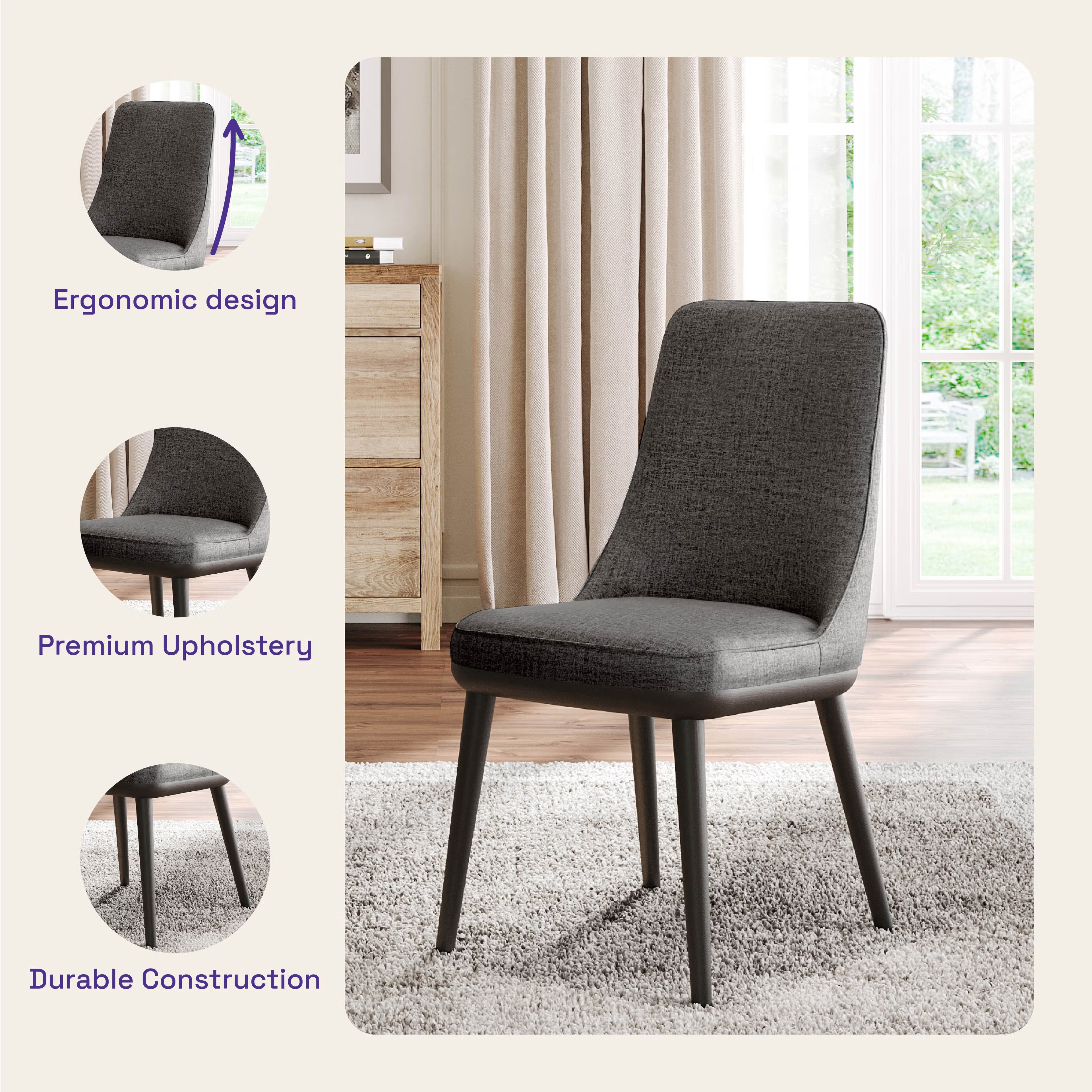 Home 38 Wakefit Kova Dining Chair - Charcoal Grey With Cushion, Charcoal Grey, Black