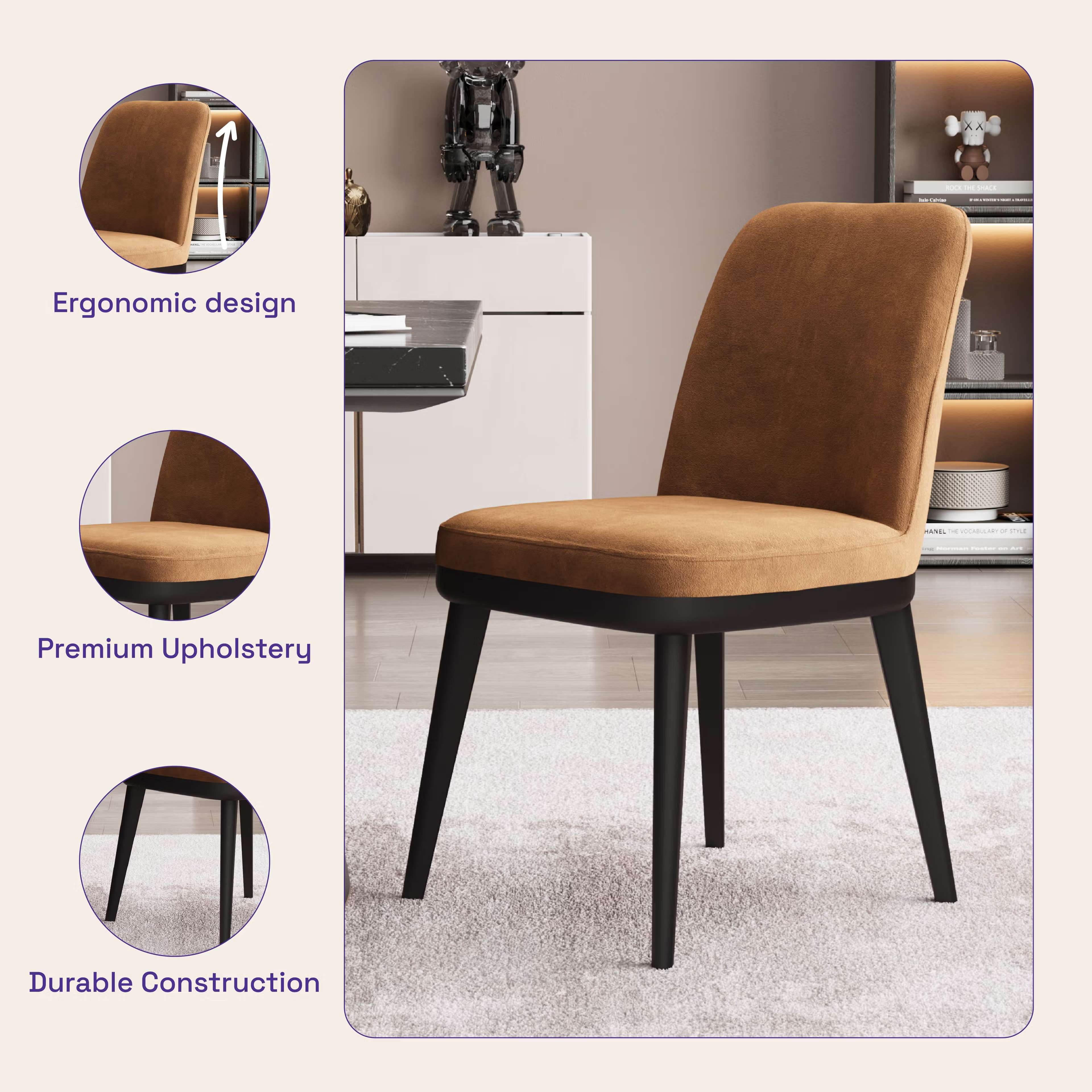 Home 34 Wakefit Arvia Dining Chair - Napoli Tan Without Arm, With Cushion, Napoli Tan, Black