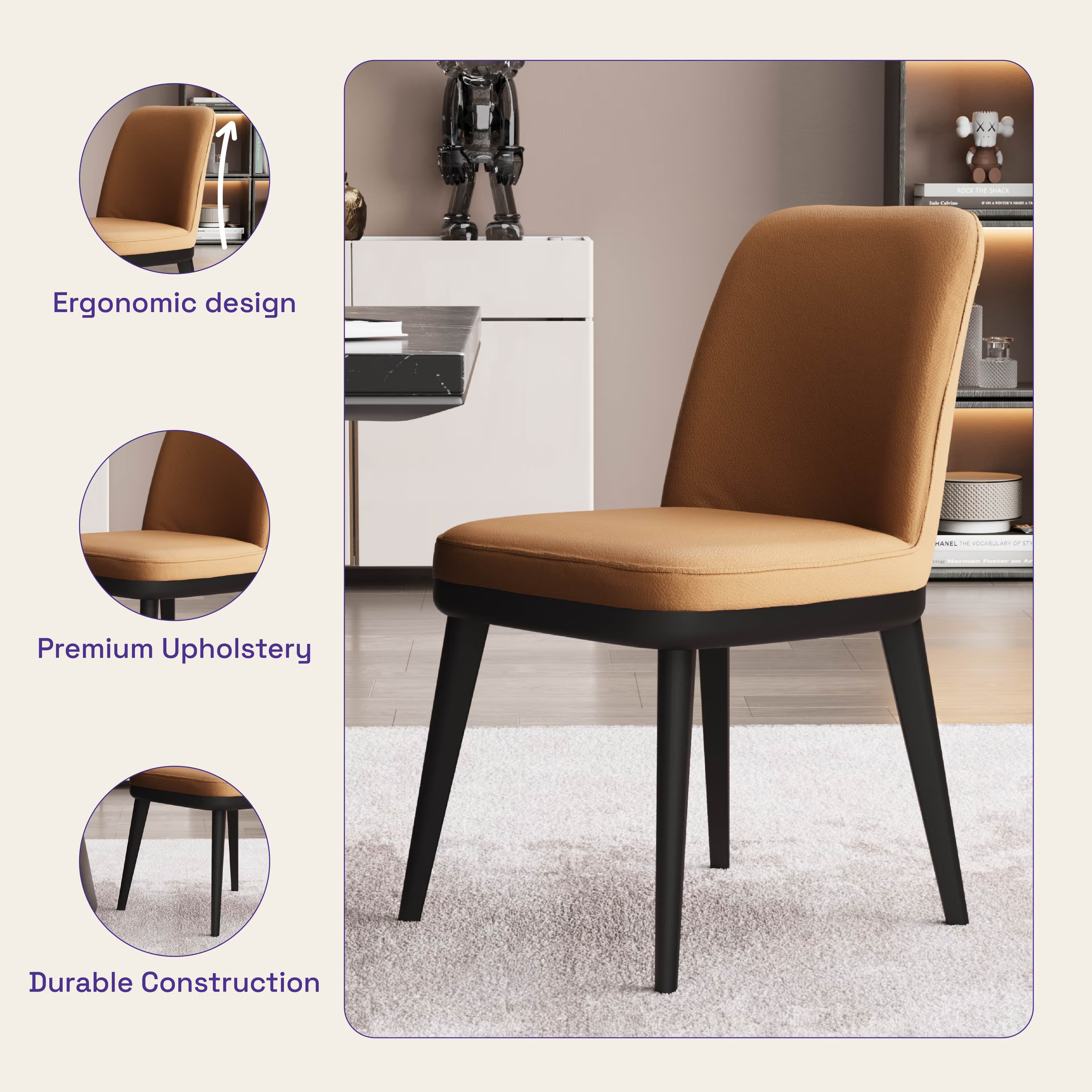 Wakefit Arvia Dining Chair - Robin Tan Without Arm, With Cushion, Robin Tan, Black