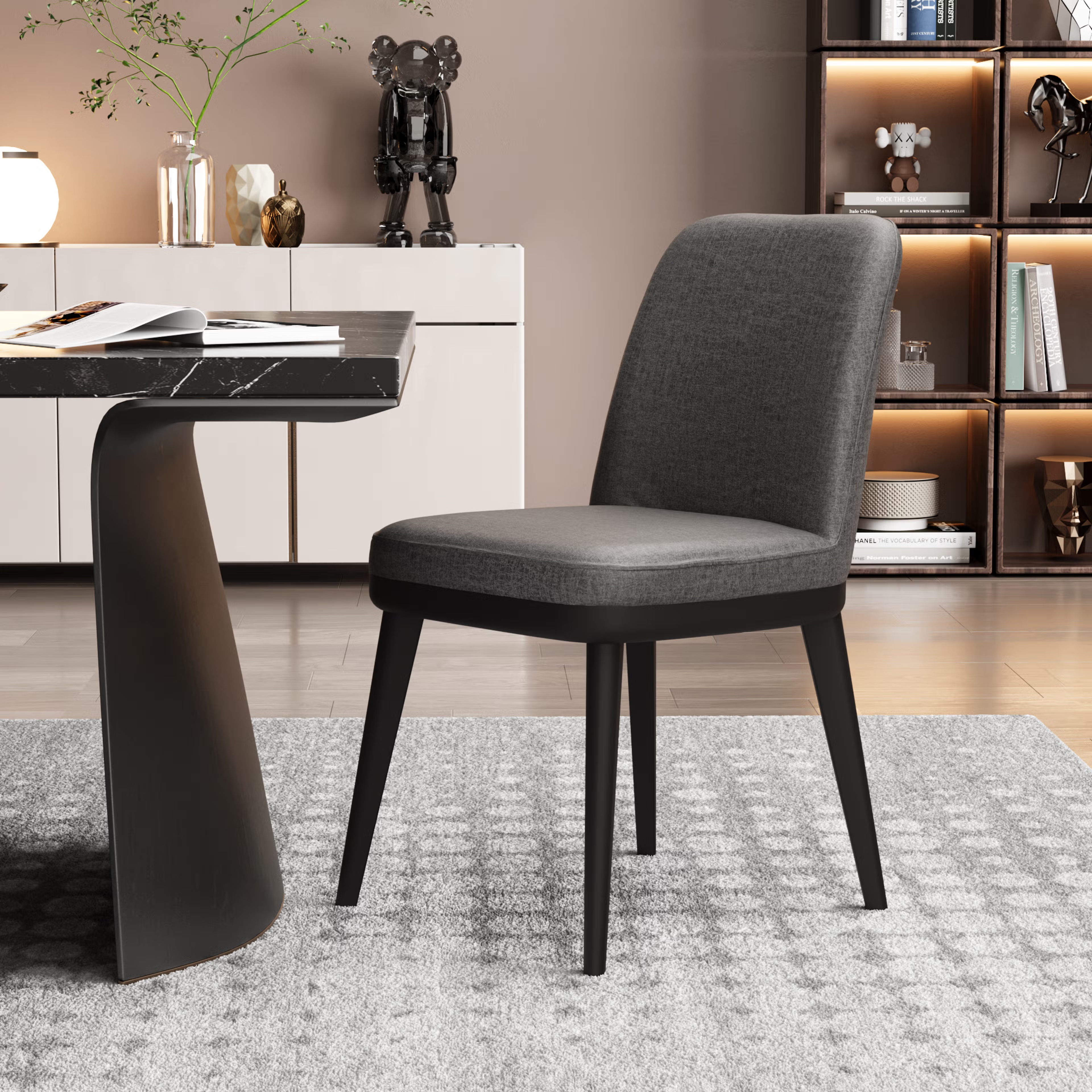 Wakefit Arvia Dining Chair - Charcoal Grey Without Arm, With Cushion, Charcoal Grey, Black