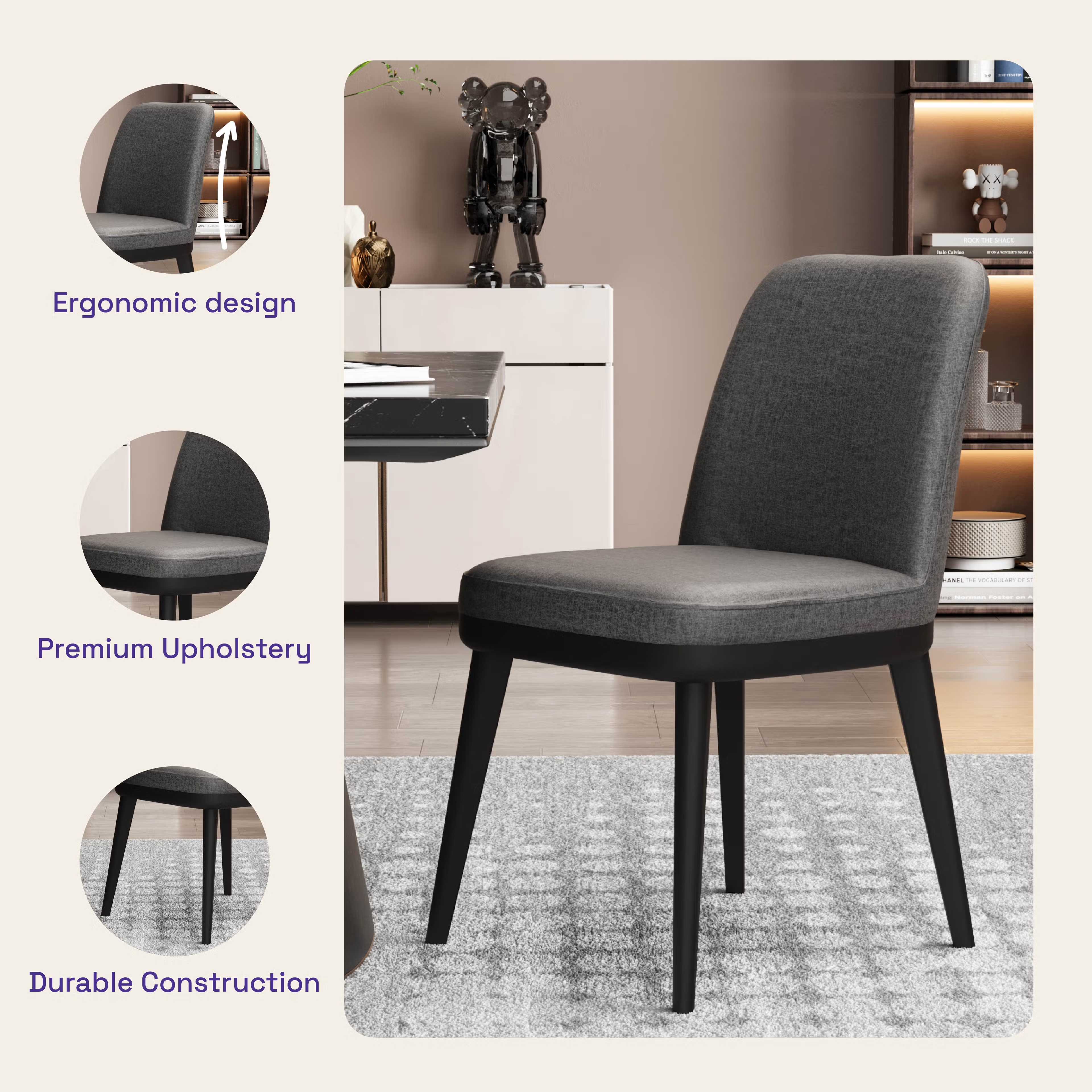 Wakefit Arvia Dining Chair - Charcoal Grey Without Arm, With Cushion, Charcoal Grey, Black