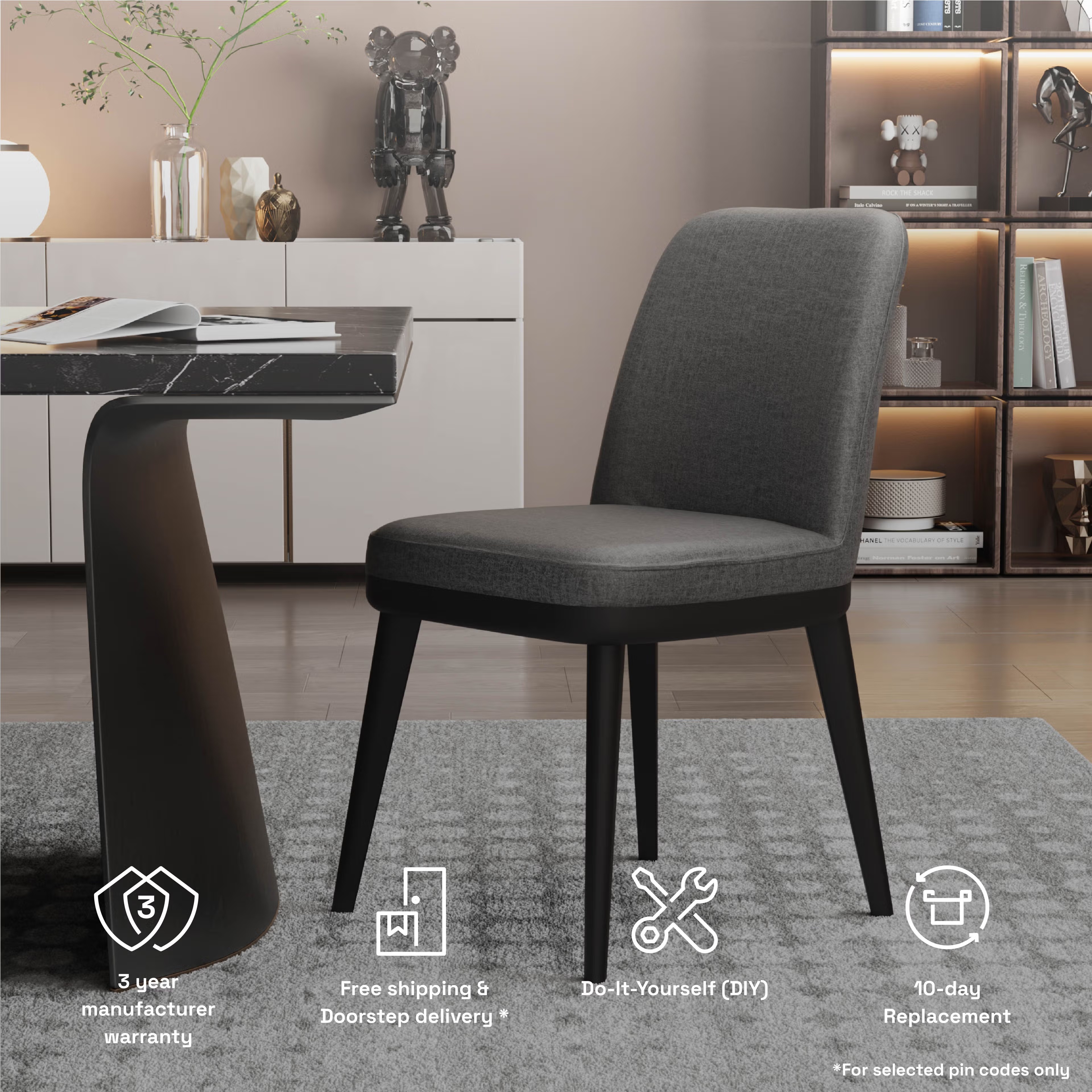 Wakefit Arvia Dining Chair - Charcoal Grey Without Arm, With Cushion, Charcoal Grey, Black 8 Wakefit Arvia Dining Chair - Charcoal Grey Without Arm, With Cushion, Charcoal Grey, Black