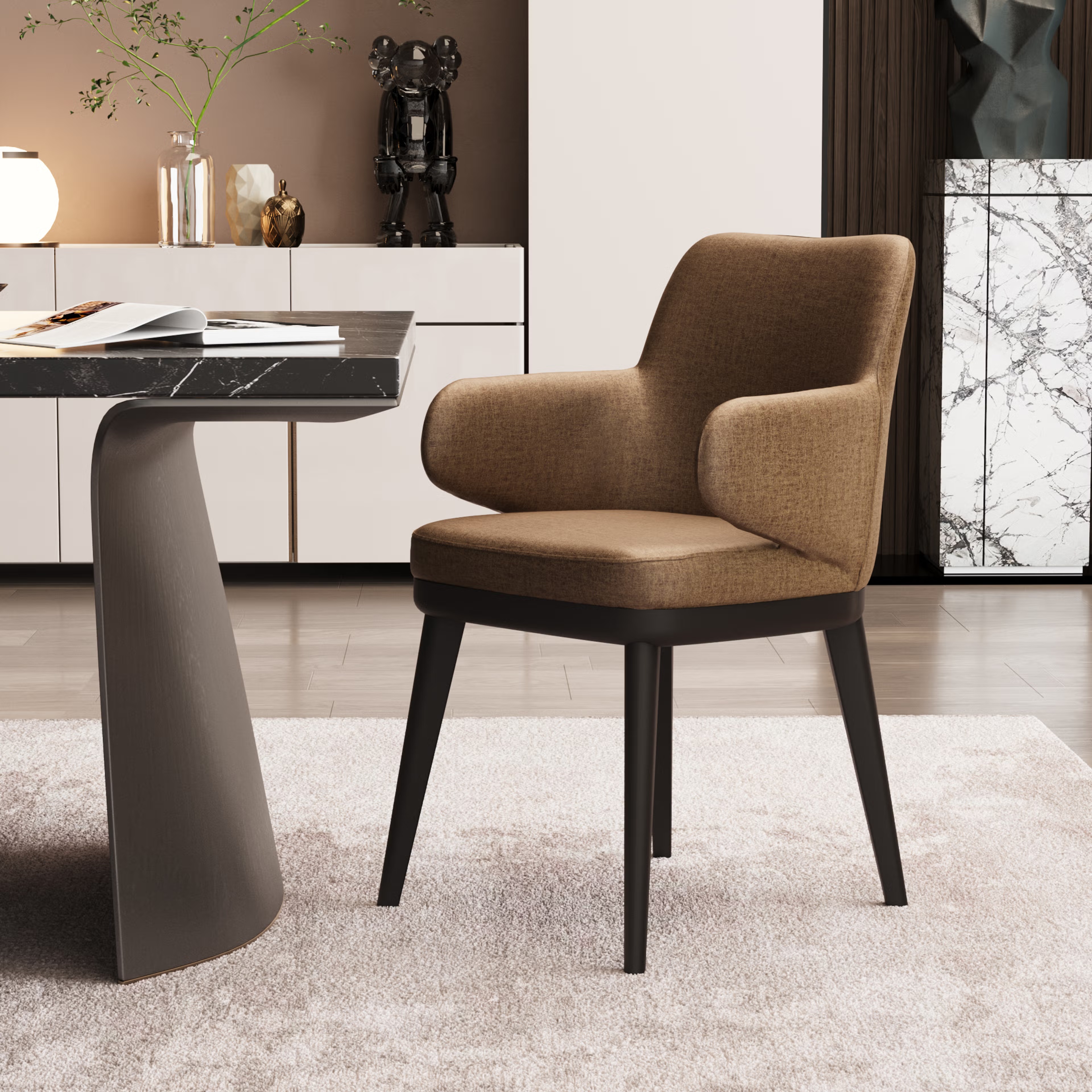 Wakefit Arvia Dining Chair with Arm - Mocha Brown With Arm, With Cushion, Mocha Brown, Black