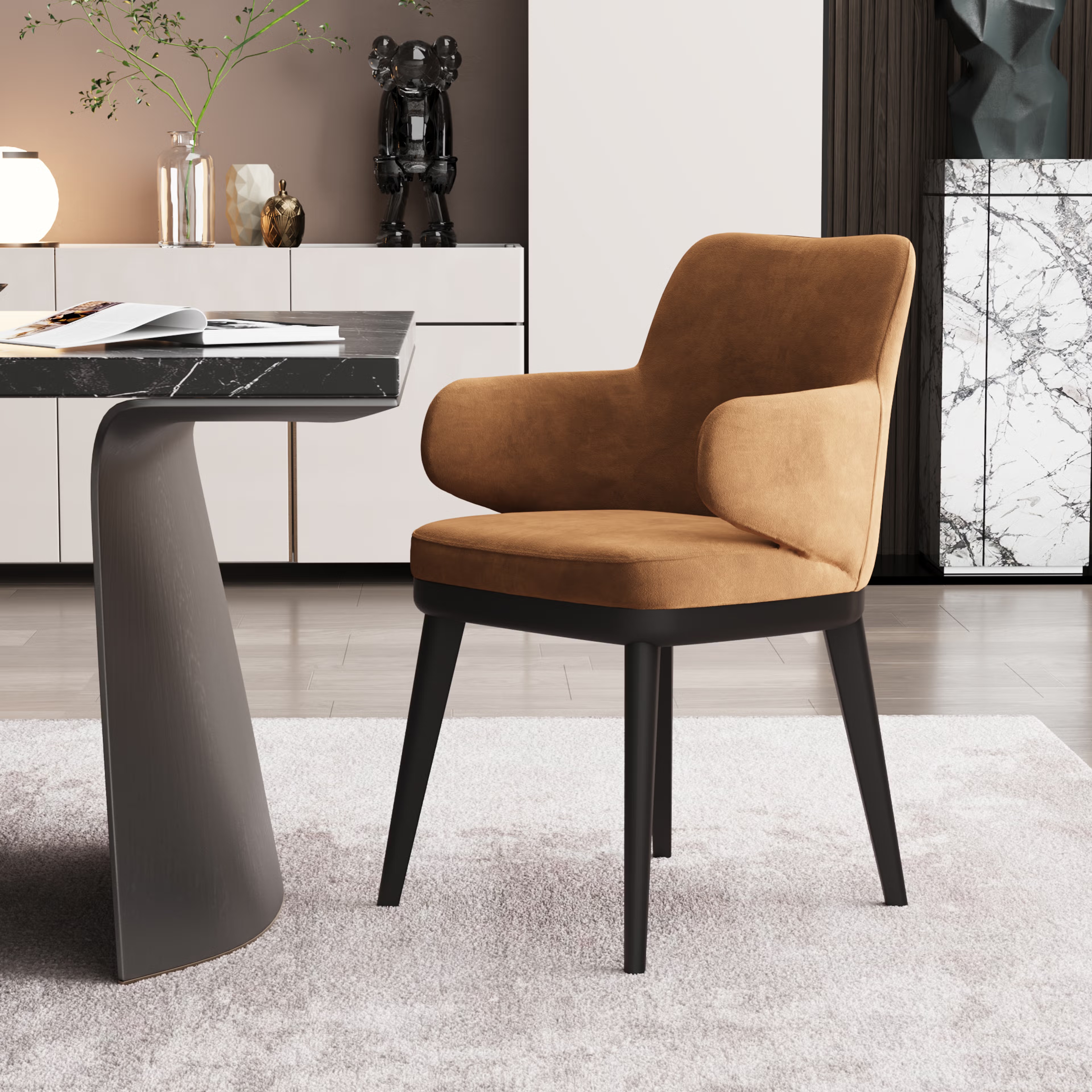 Home 36 Wakefit Arvia Dining Chair with Arm - Napoli Tan With Arm, With Cushion, Napoli Tan, Black