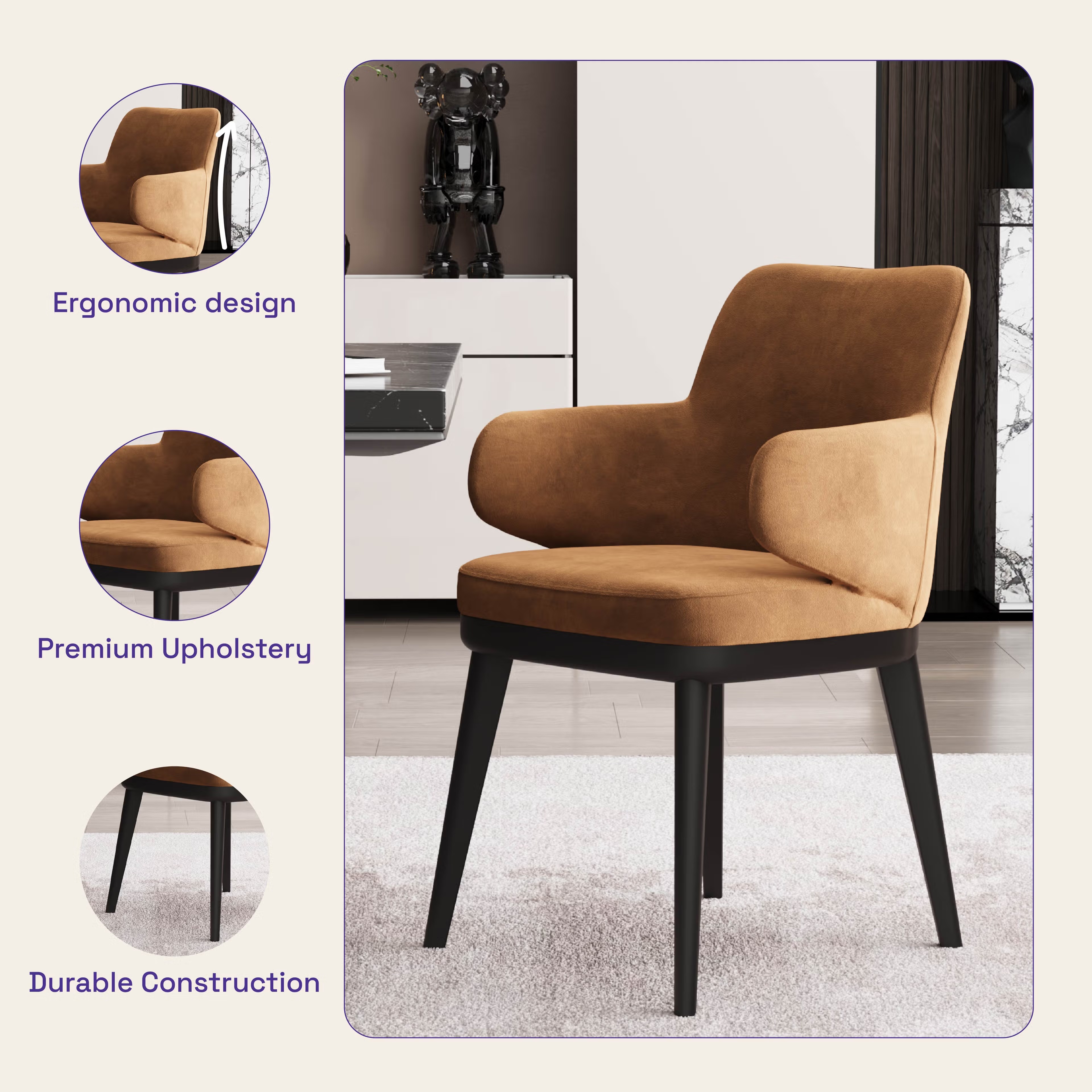 Home 37 Wakefit Arvia Dining Chair with Arm - Napoli Tan With Arm, With Cushion, Napoli Tan, Black