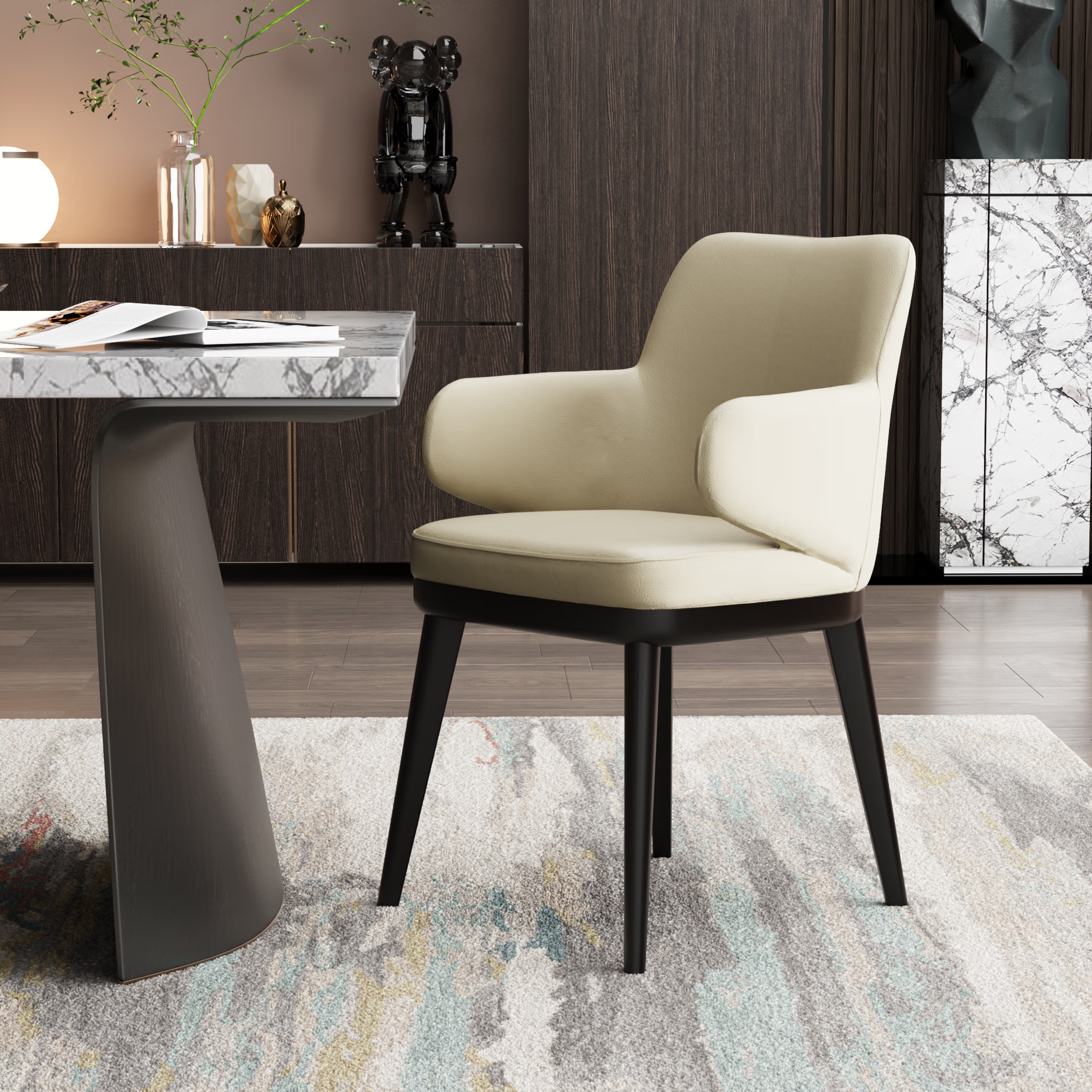 Wakefit Arvia Dining Chair with Arm - Robin Beige With Arm, With Cushion, Robin Beige, Black