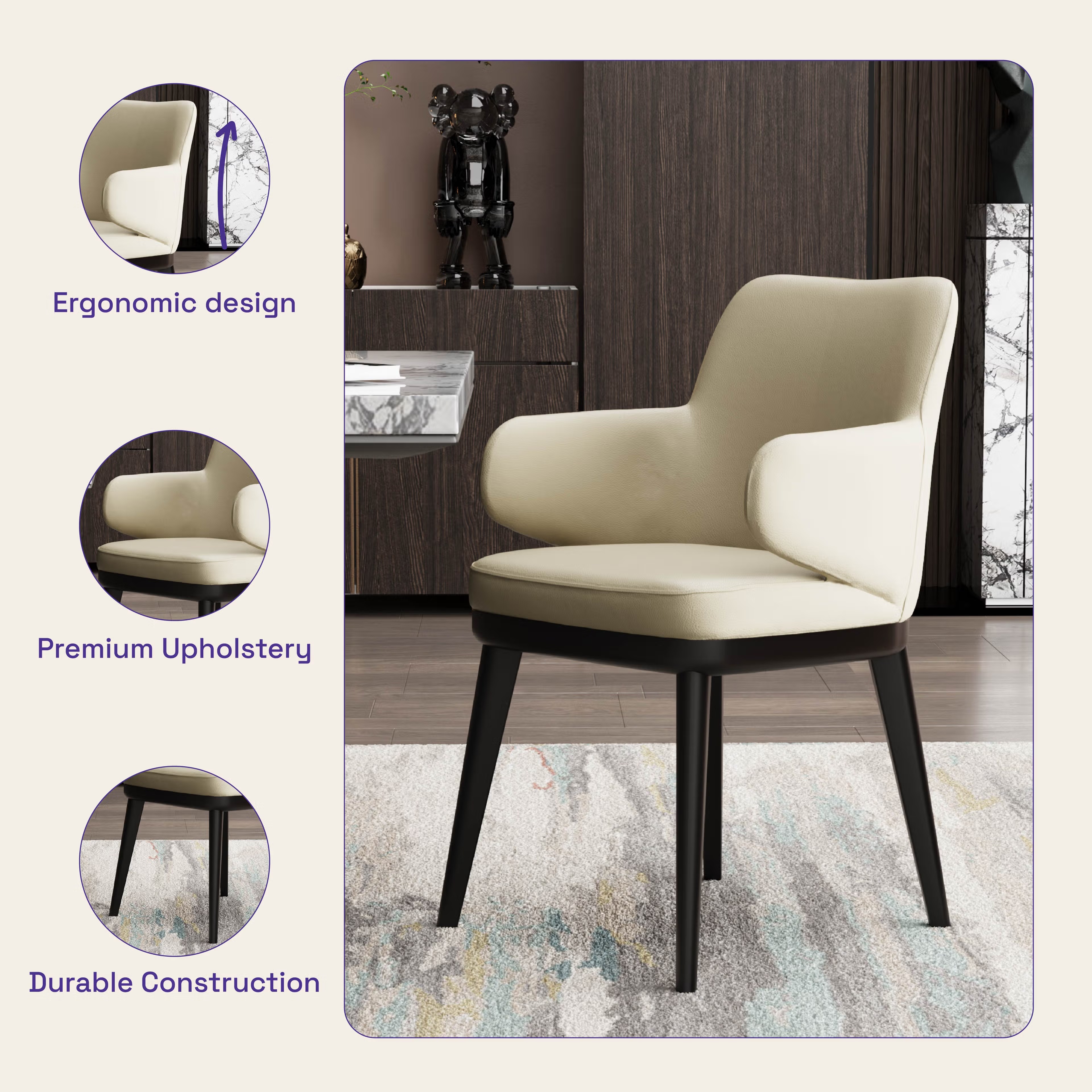 Wakefit Arvia Dining Chair with Arm - Robin Beige With Arm, With Cushion, Robin Beige, Black 2 Wakefit Arvia Dining Chair with Arm - Robin Beige With Arm, With Cushion, Robin Beige, Black