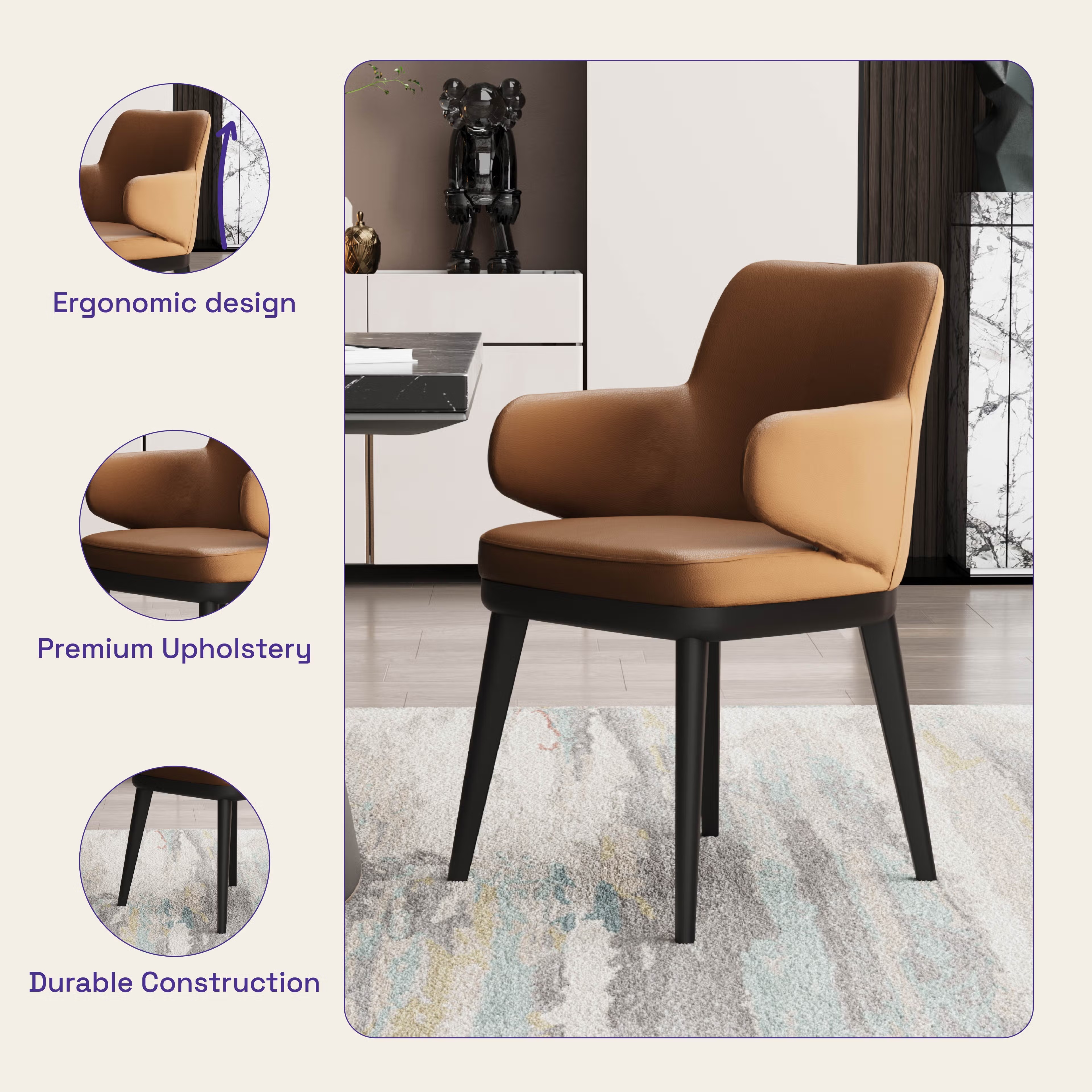 Home 37 Wakefit Arvia Dining Chair with Arm - Robin Tan With Arm, With Cushion, Robin Tan, Black