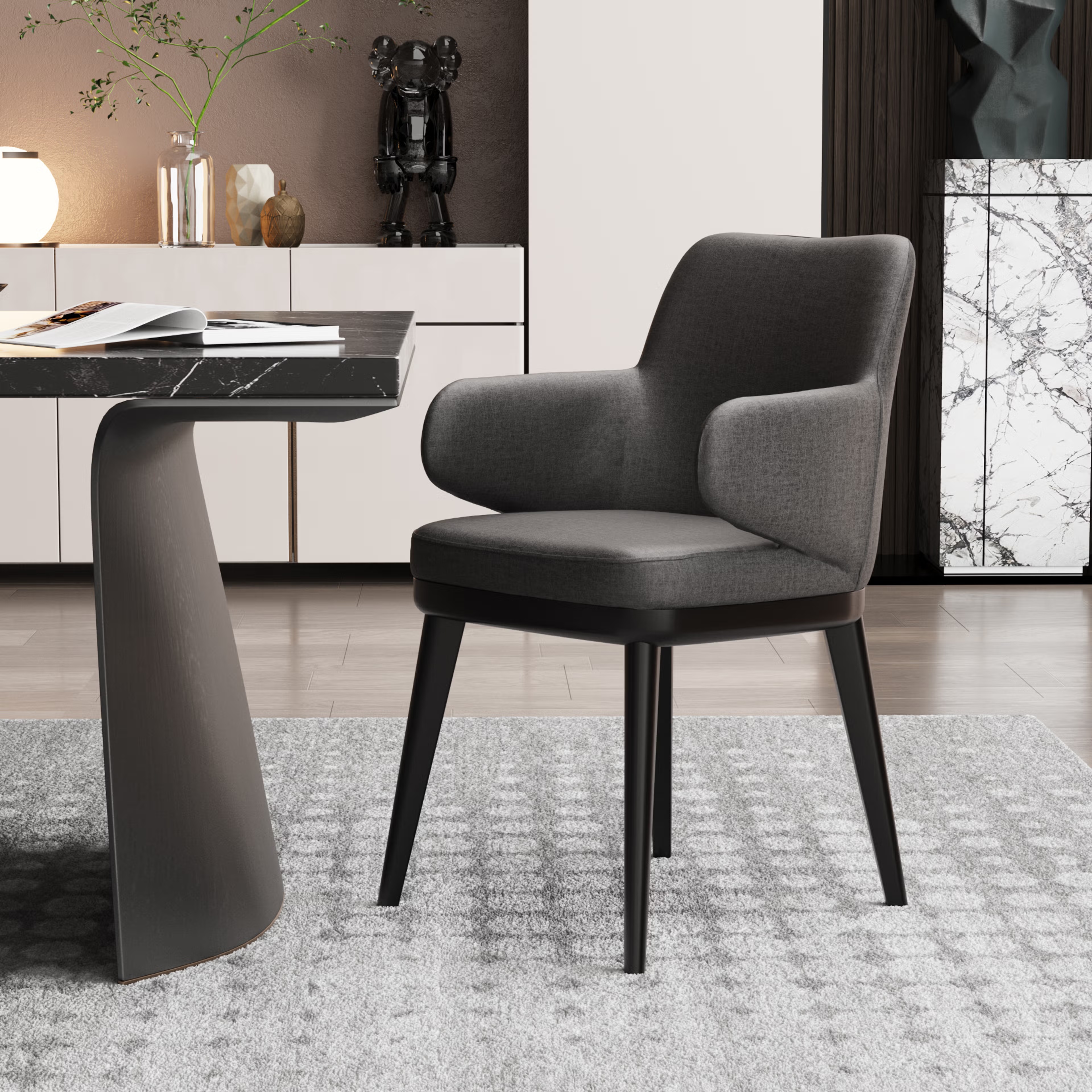 Wakefit Arvia Dining Chair with Arm - Charcoal Grey With Arm, With Cushion, Charcoal Grey, Black