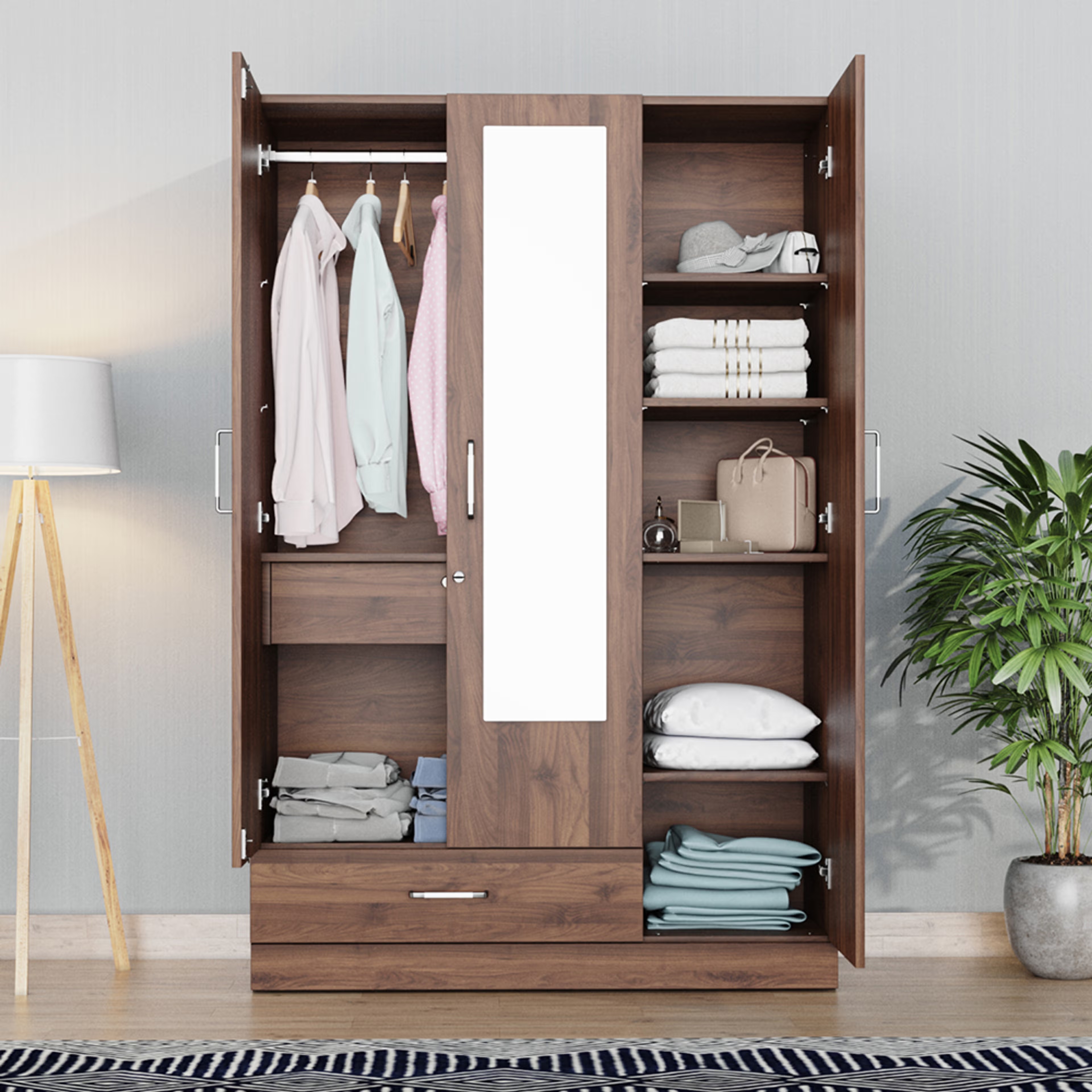 Gingham 3 Door Wardrobe with 1 Internal drawer, 1 External Drawer, Mirror and 1 hanging area | Without Loft | (Columbia Walnut) 3 Door, With 1 Internal drawer, 1 External Drawer, With Mirror, Without Loft, 1 Hanging Area, Columbia Walnut