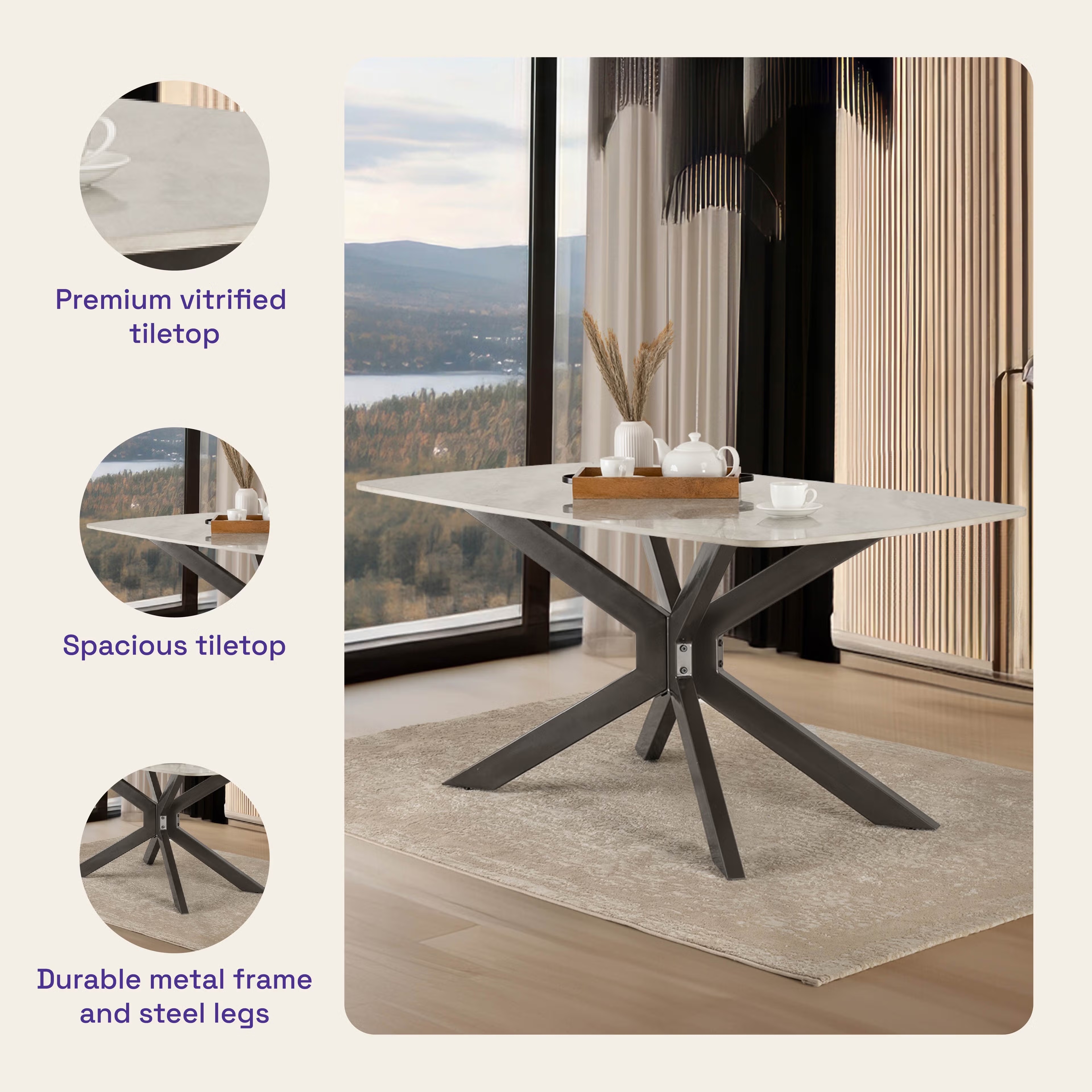 Home 37 Wakefit Salmore Dining Table - Antaliya Beige 6 Seater, Antaliya Beige
