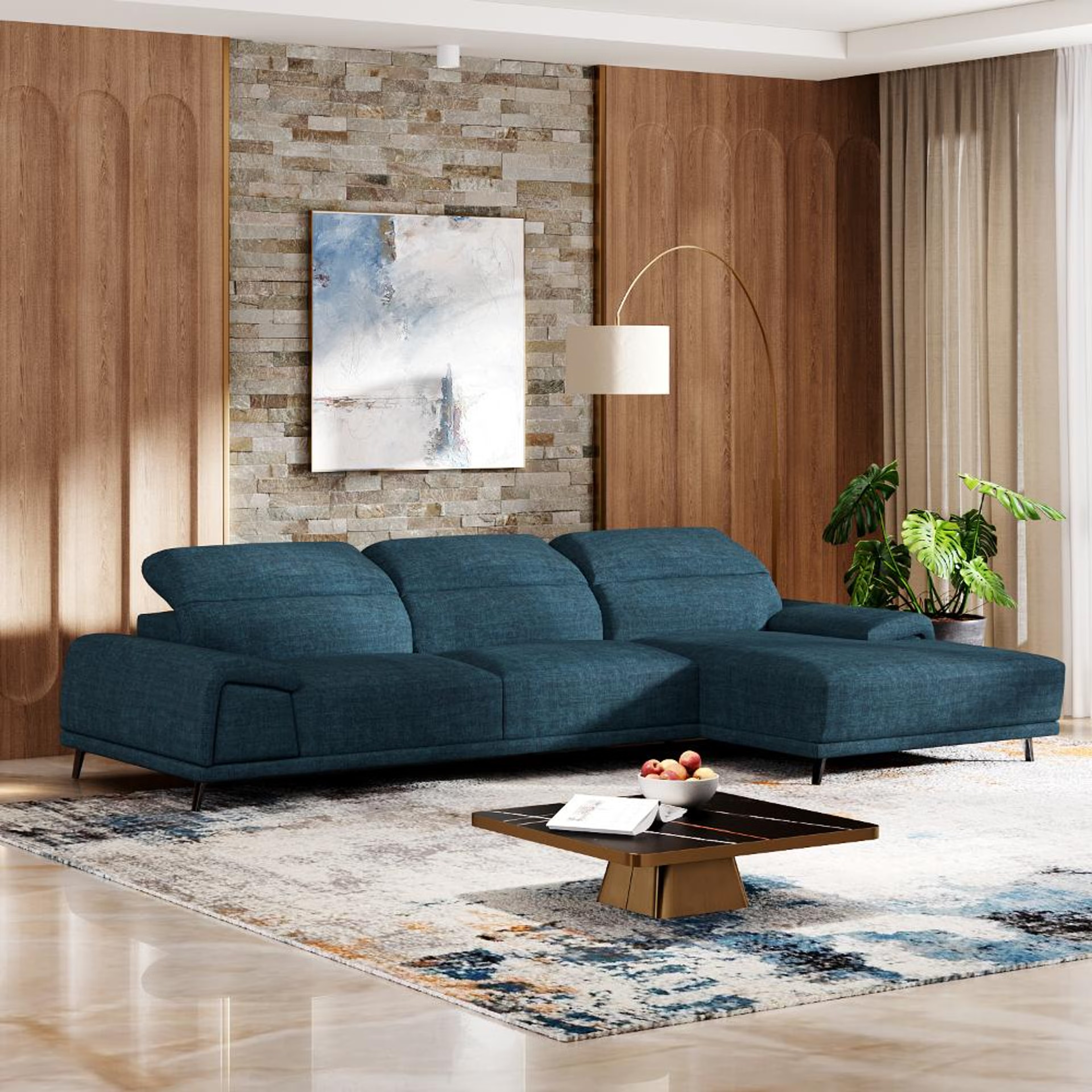 Wakefit Suva L Shape Sofa Set (3 Seater + Right Aligned Chaise) Sectional, Set (3 Seater + Right Aligned Chaise), Deep Ocean