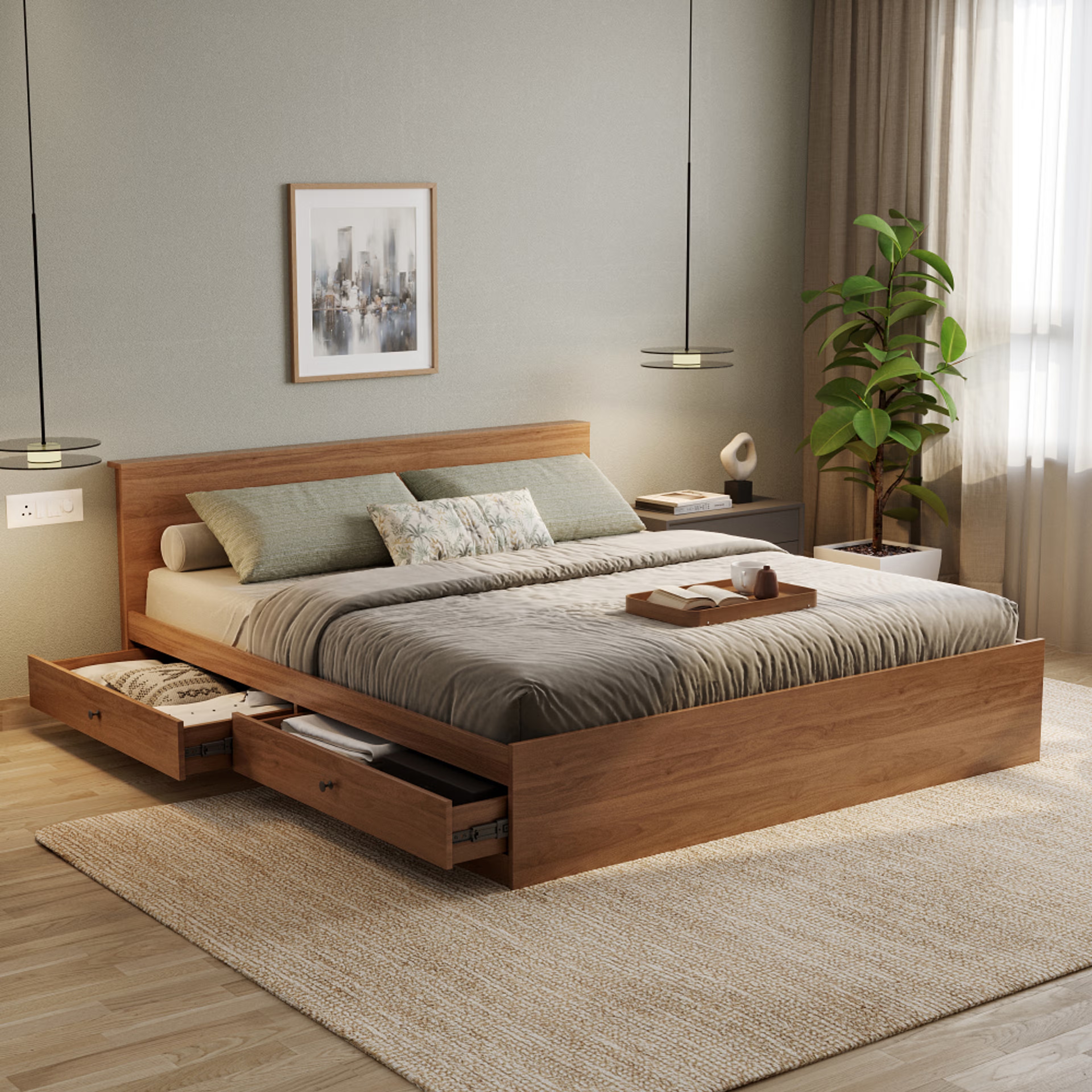 Wakefit Taurus King Side Storage Engineered Wood Bed Columbian walnut King - 78" x 72\