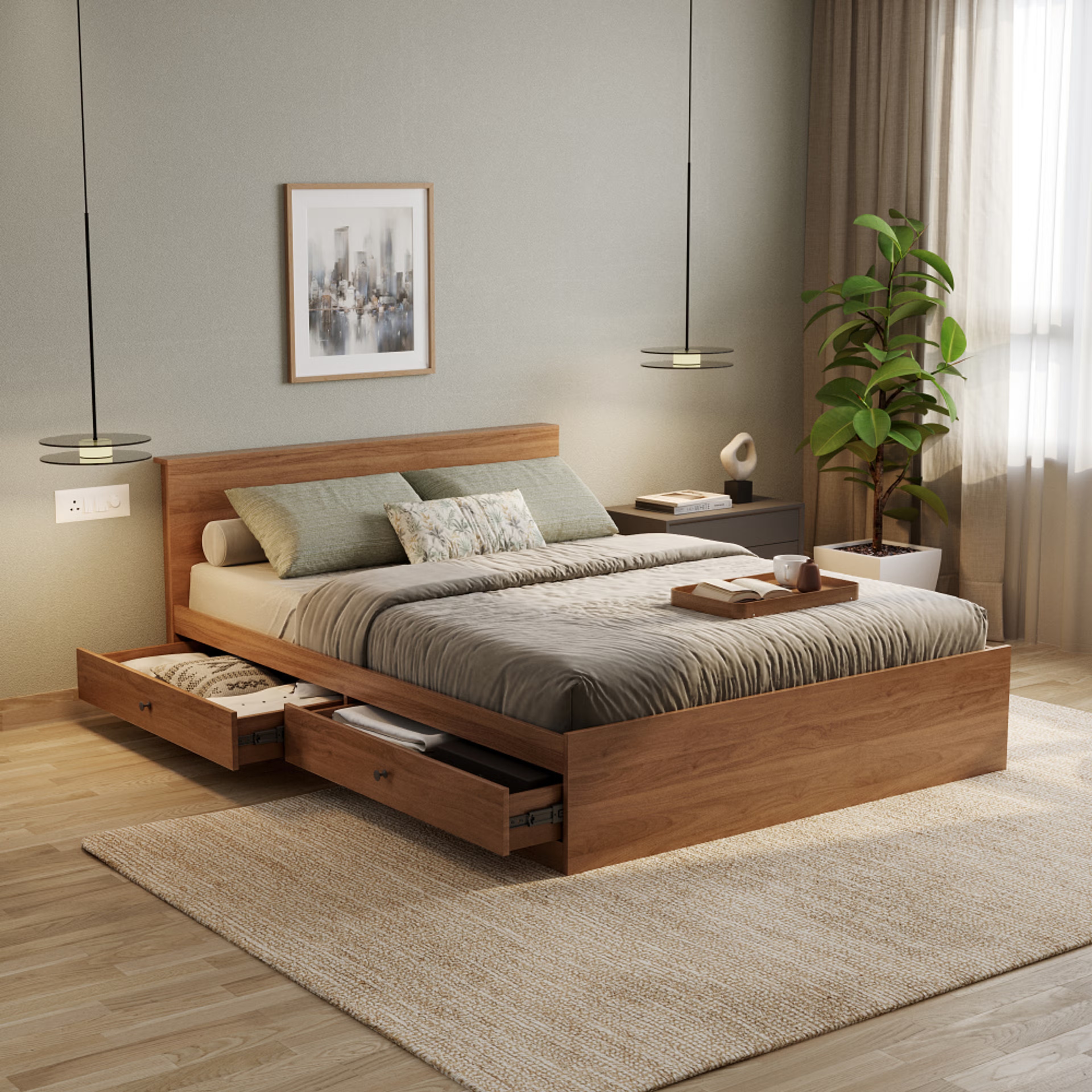 Wakefit Taurus Queen Side Storage Engineered Wood Bed Columbian walnut Queen - 78" x 60\