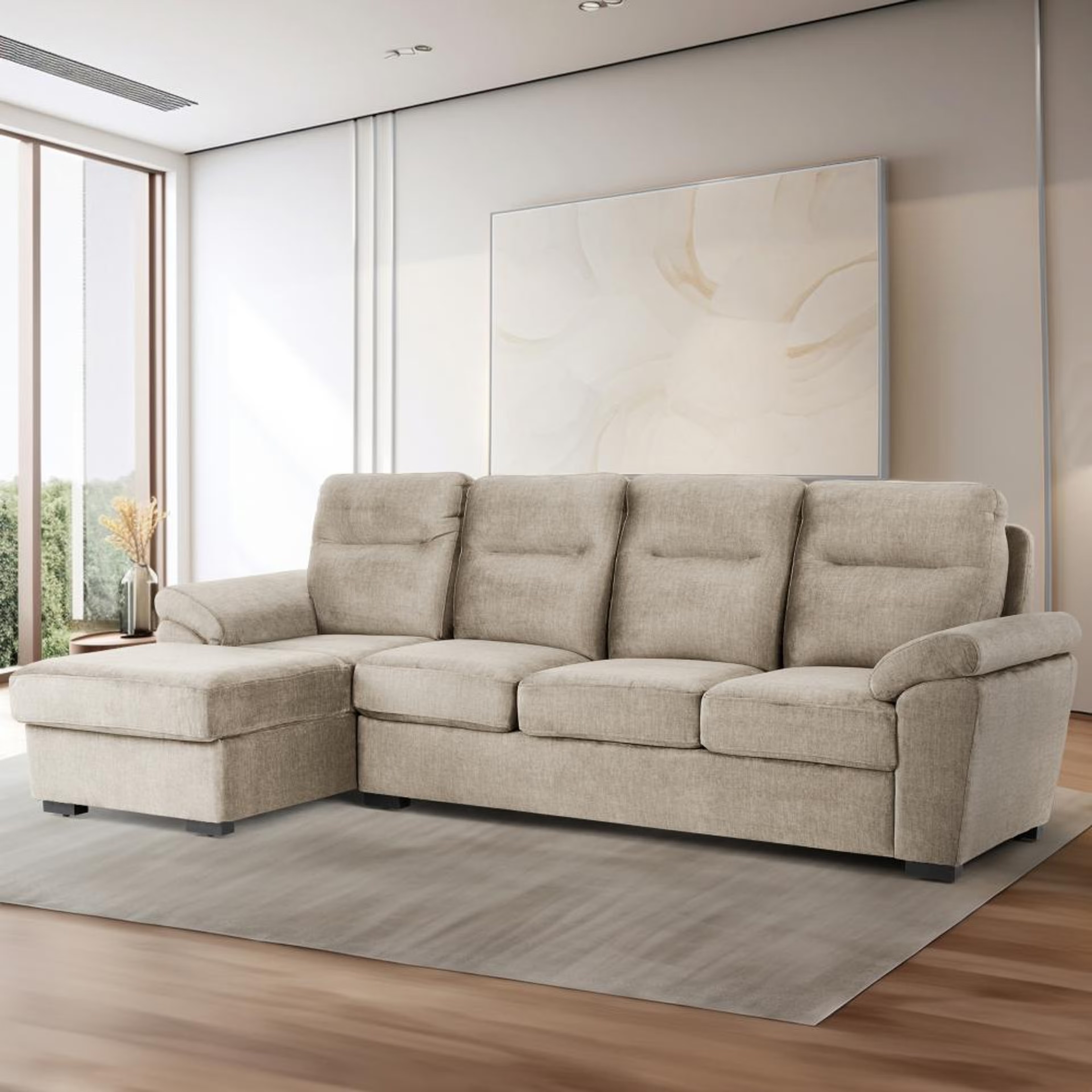 Wakefit Lounger Plus Sofa - (3 Seater +Left Aligned Chaise) Sectional, Set (3 Seater + Left Aligned Chaise), Beige
