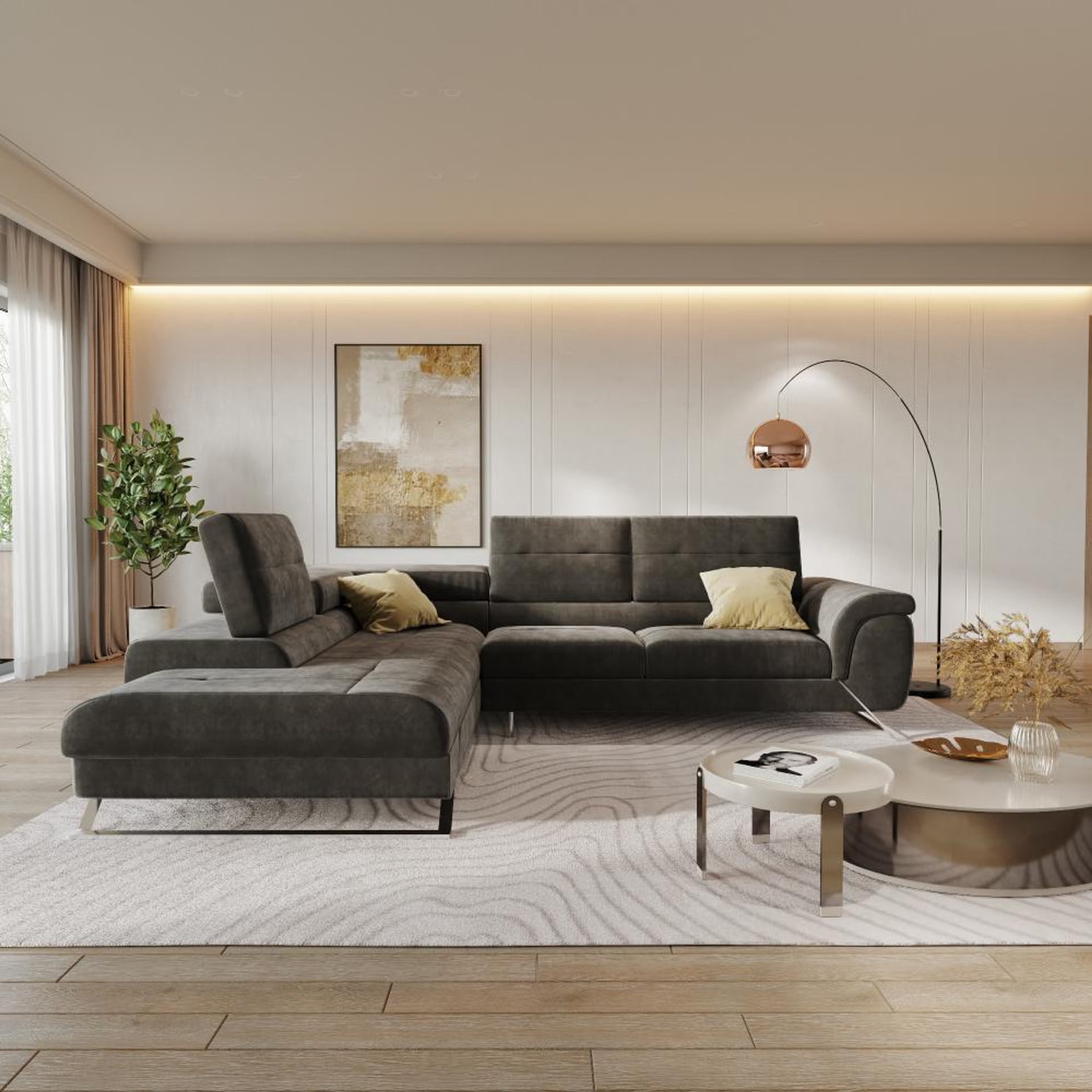 Home 34 Wakefit Comoros Corner L Shape Sofa (3 Seater + Left Aligned Chaise) Set (3 Seater + Left Aligned Chaise), Graphite