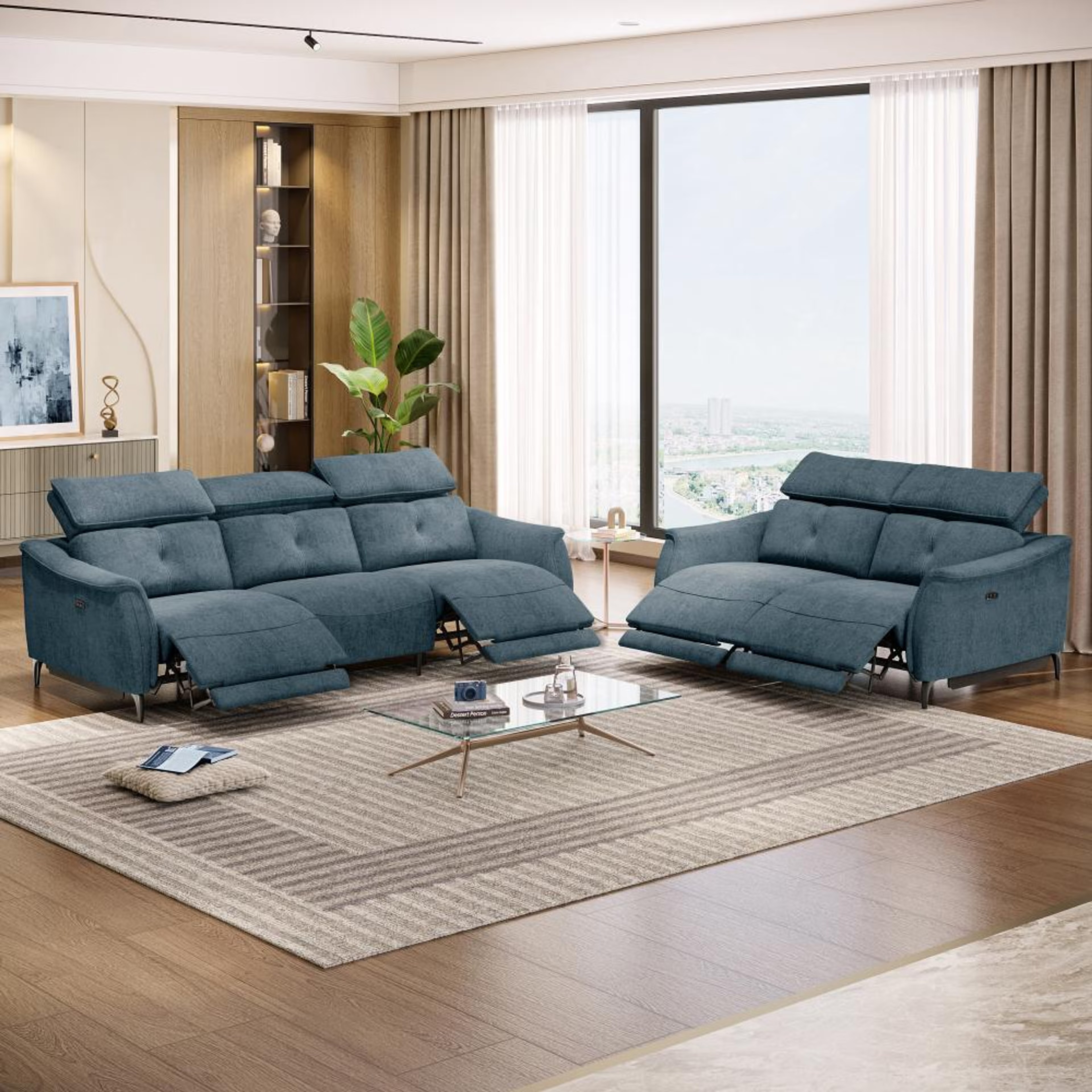 Home 43 Wakefit Curacao With Motion Sofa Set (3+2) Seater Regular, With Motion, Set (3+2), Blue